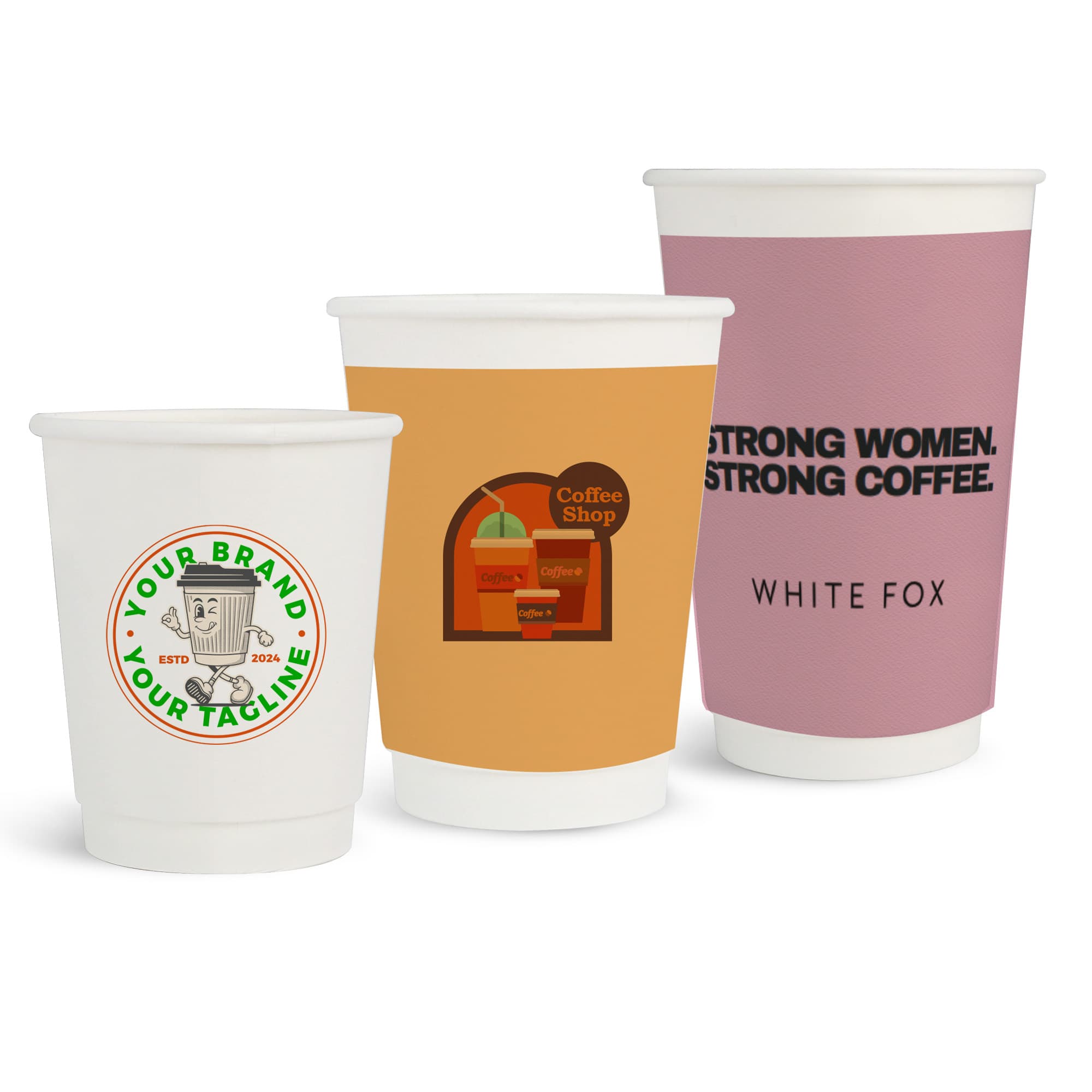 Three paper cups of varying sizes and designs, featuring light colours, with logos and printed graphics. Home Compostable Aqueous Double Wall Paper Cups - Image 1