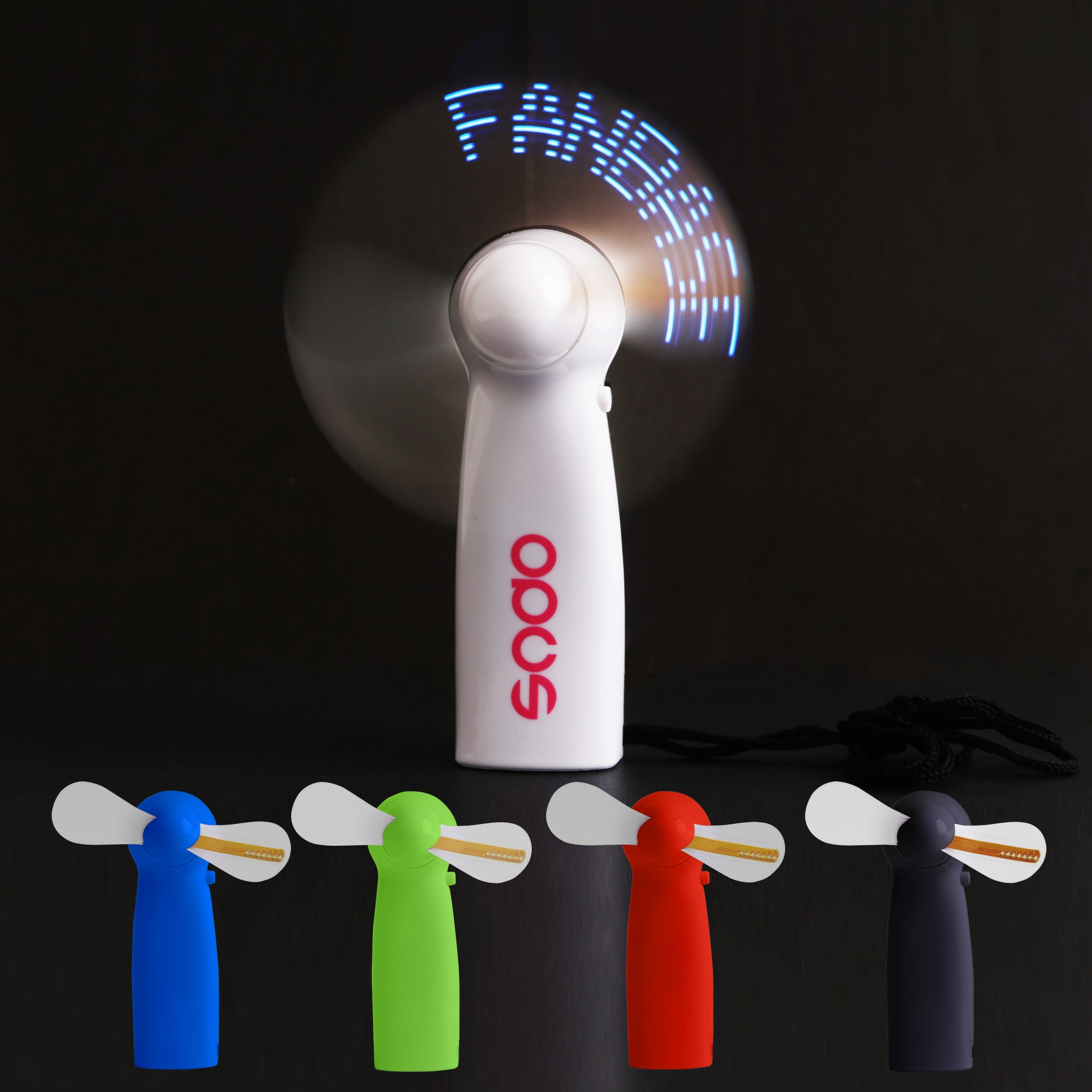 A portable LED message fan in white, with additional fans in blue, green, red, and black. Each has a logo. Handy LED Message Fan - Image 1