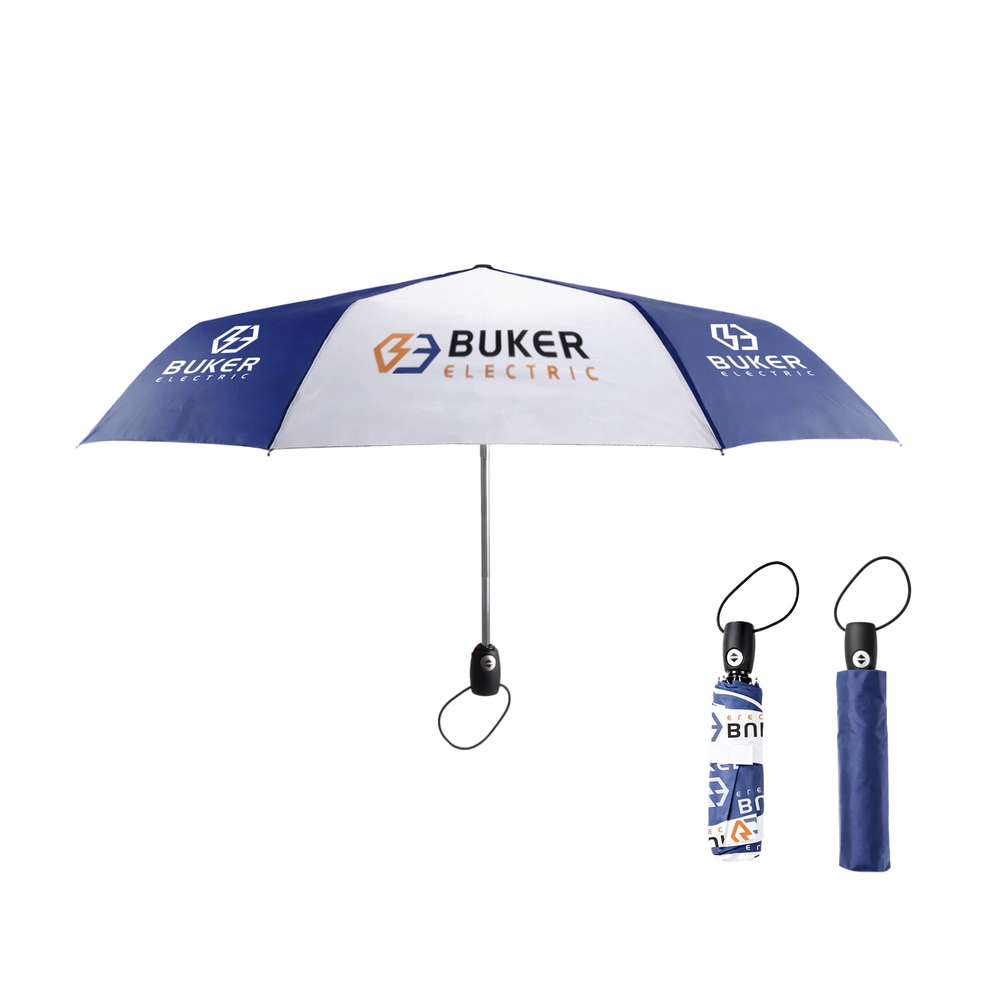 A 21'' automatic open and close umbrella in blue and white, featuring a logo and a compact design for easy carrying. 21'' Automatic Open & Close Umbrella - Image 1