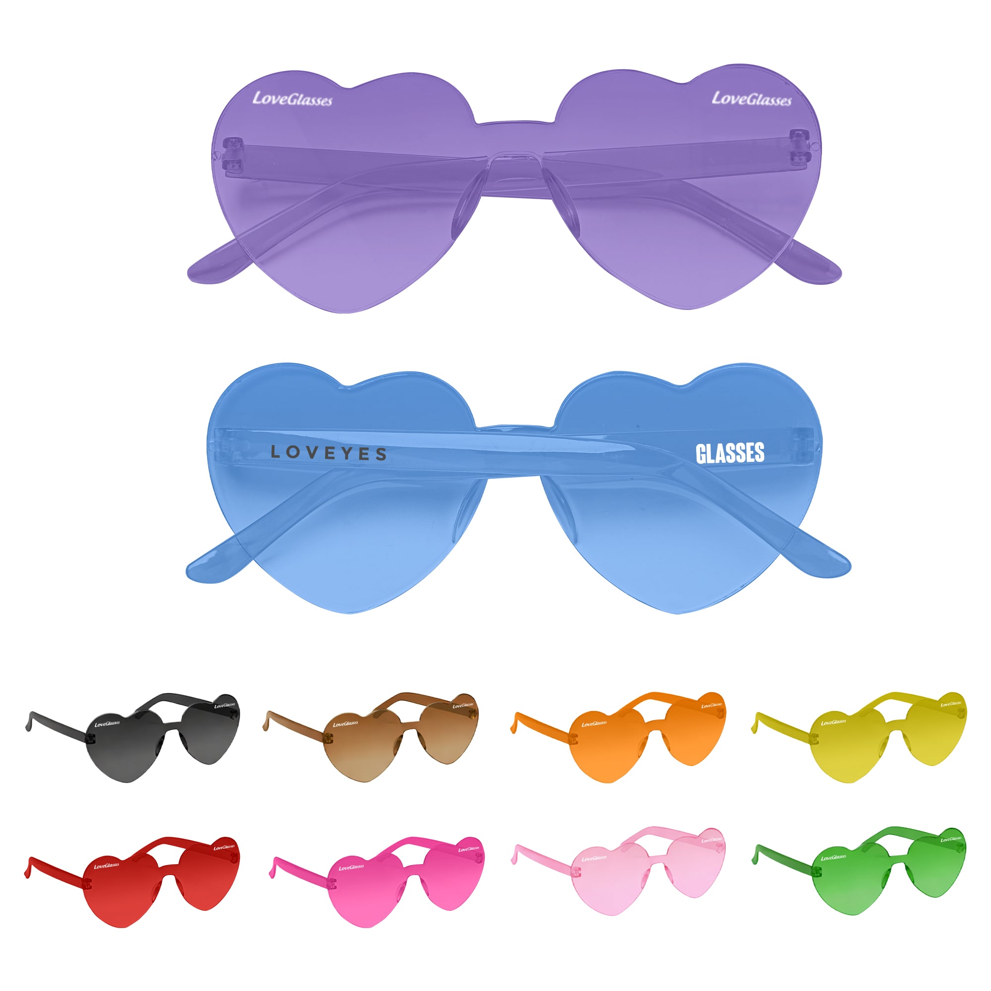 Heart-shaped sunglasses in various colours, including purple, blue, black, orange, and pink. Features branding on the arms. Heart Shaped Party Glasses - Image 1