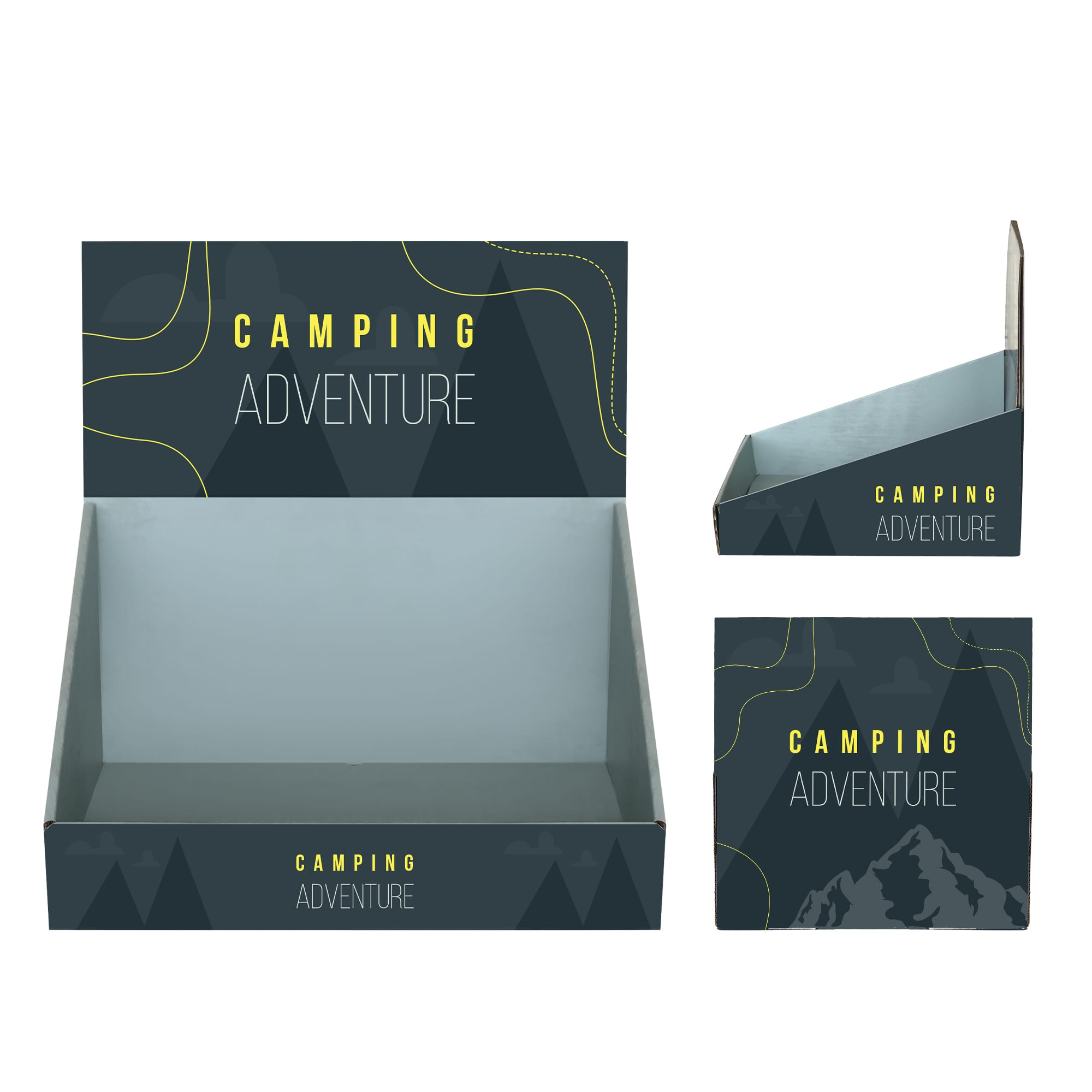 A corrugated cardboard counter display in dark green with a geometric design, featuring the words "Camping Adventure". Corrugated Cardboard Counter Display - Image 1