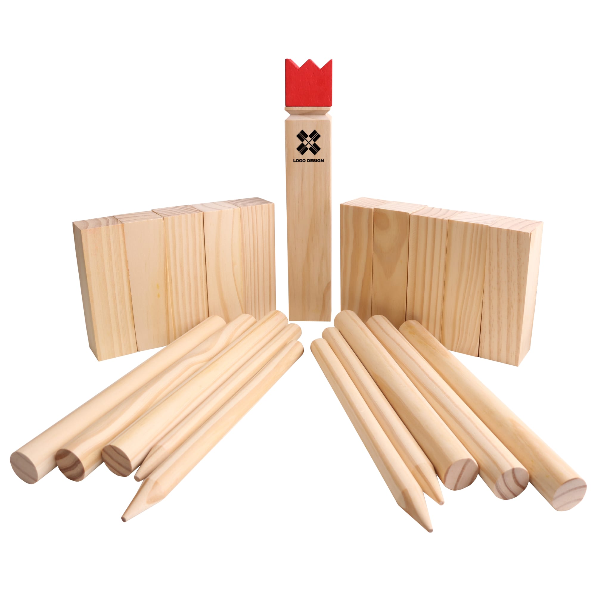 A Premium Wooden Kubb Set featuring natural wood blocks and pins, including a crown-topped king piece. Premium Wooden Kubb Set - Image 1
