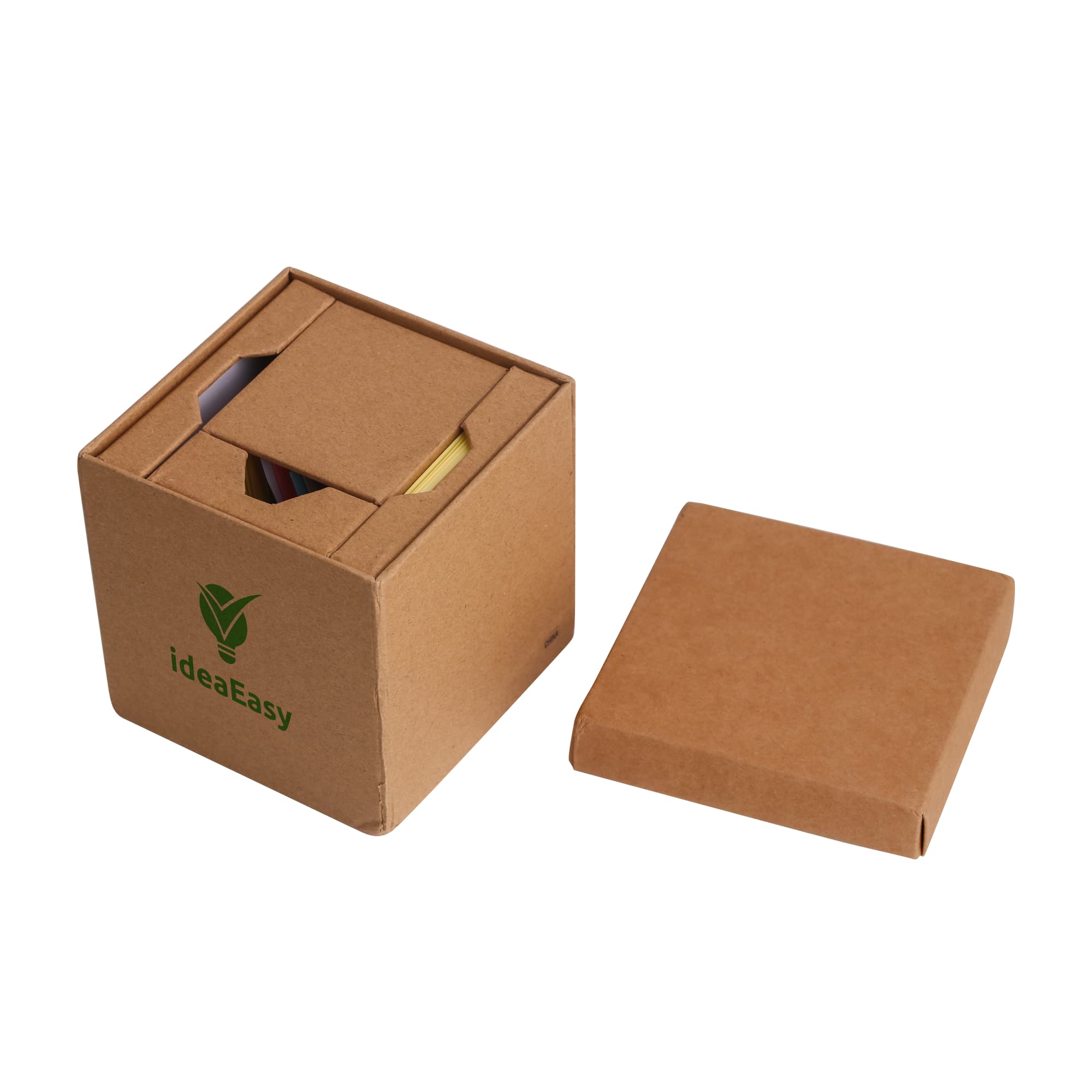 A brown cube sticky note memo holder with different coloured sticky notes inside, featuring a logo on the side. Folding Cube Sticky Note Memo Holder - Image 1