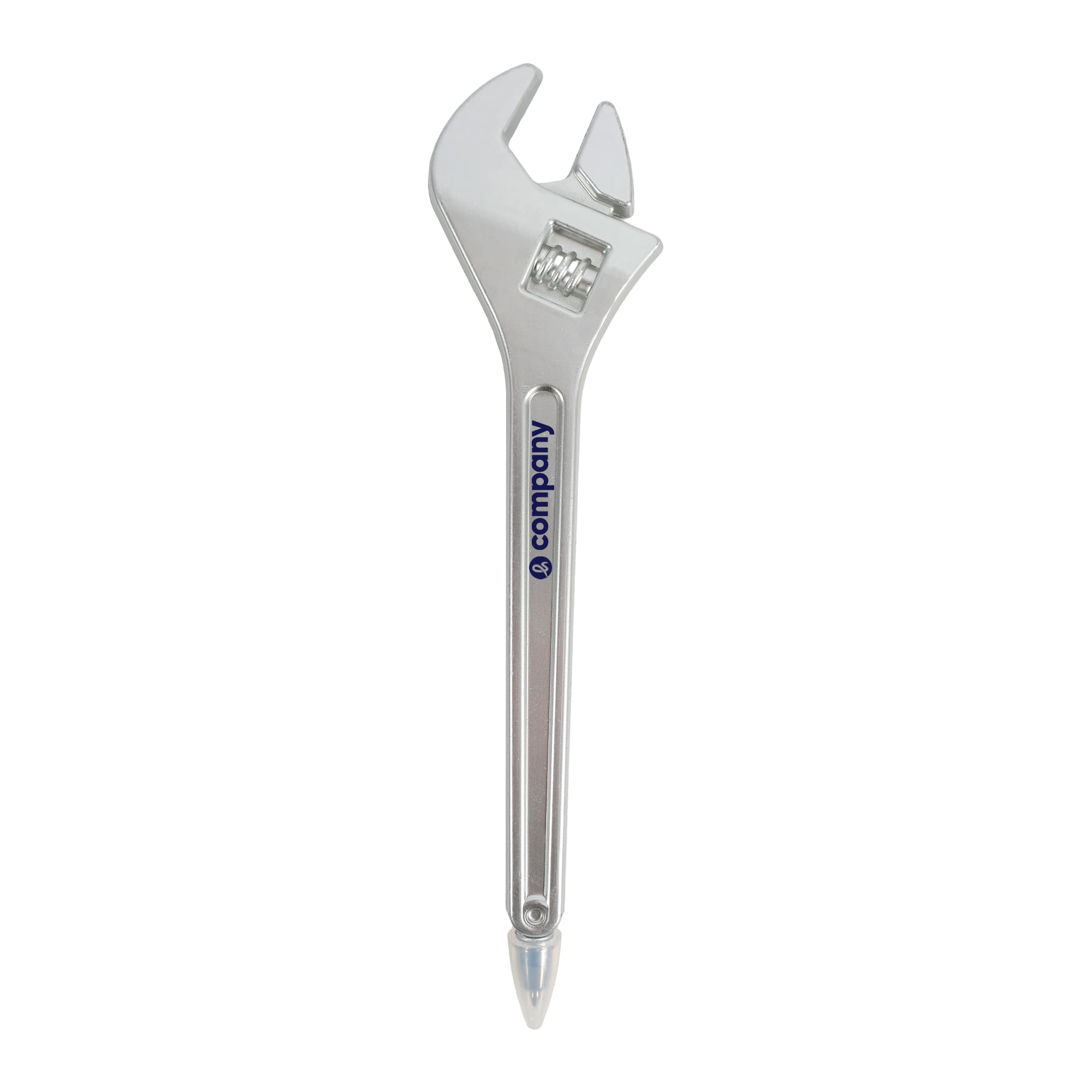 A silver ballpoint pen shaped like a spanner, featuring a logo on the side. Spanner Shape Ballpoint Pen - Image 1