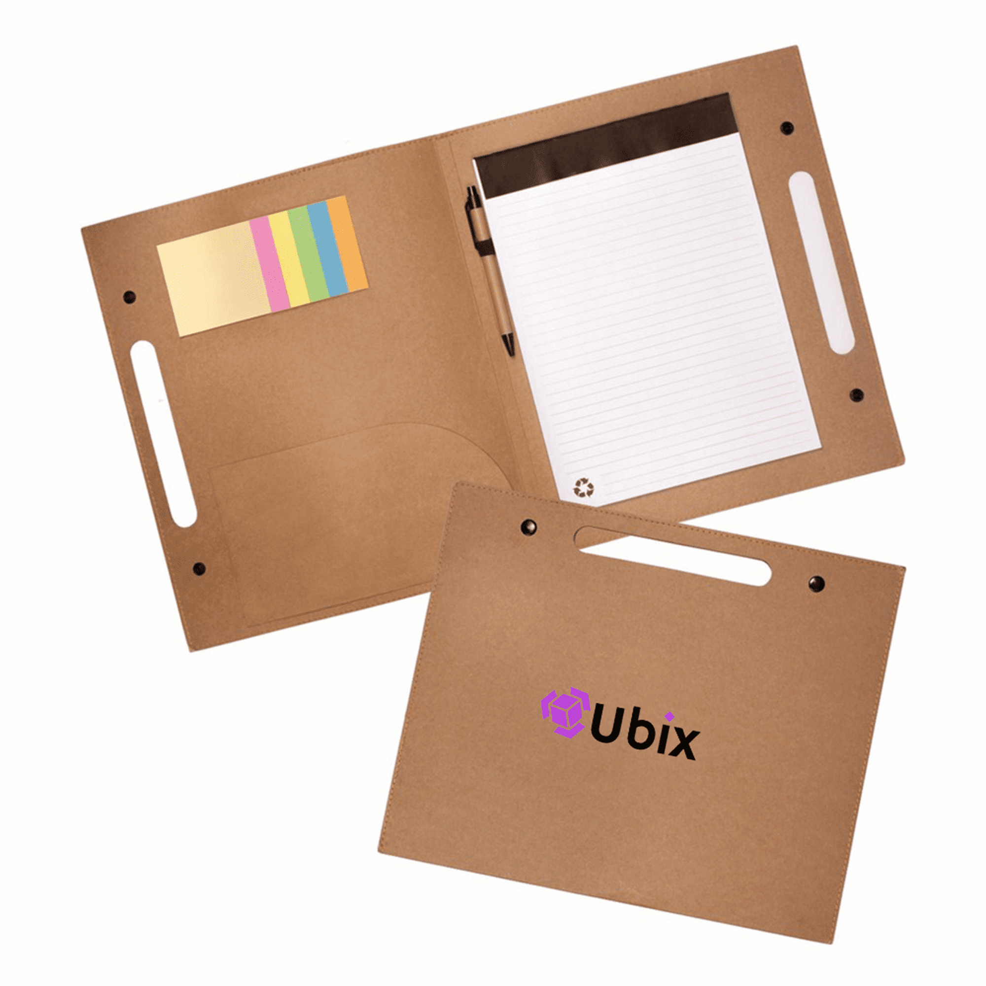 A brown Enviro Folder with a notepad, sticky notes, and a pen, featuring a logo. Enviro Folder with Pen - Image 1