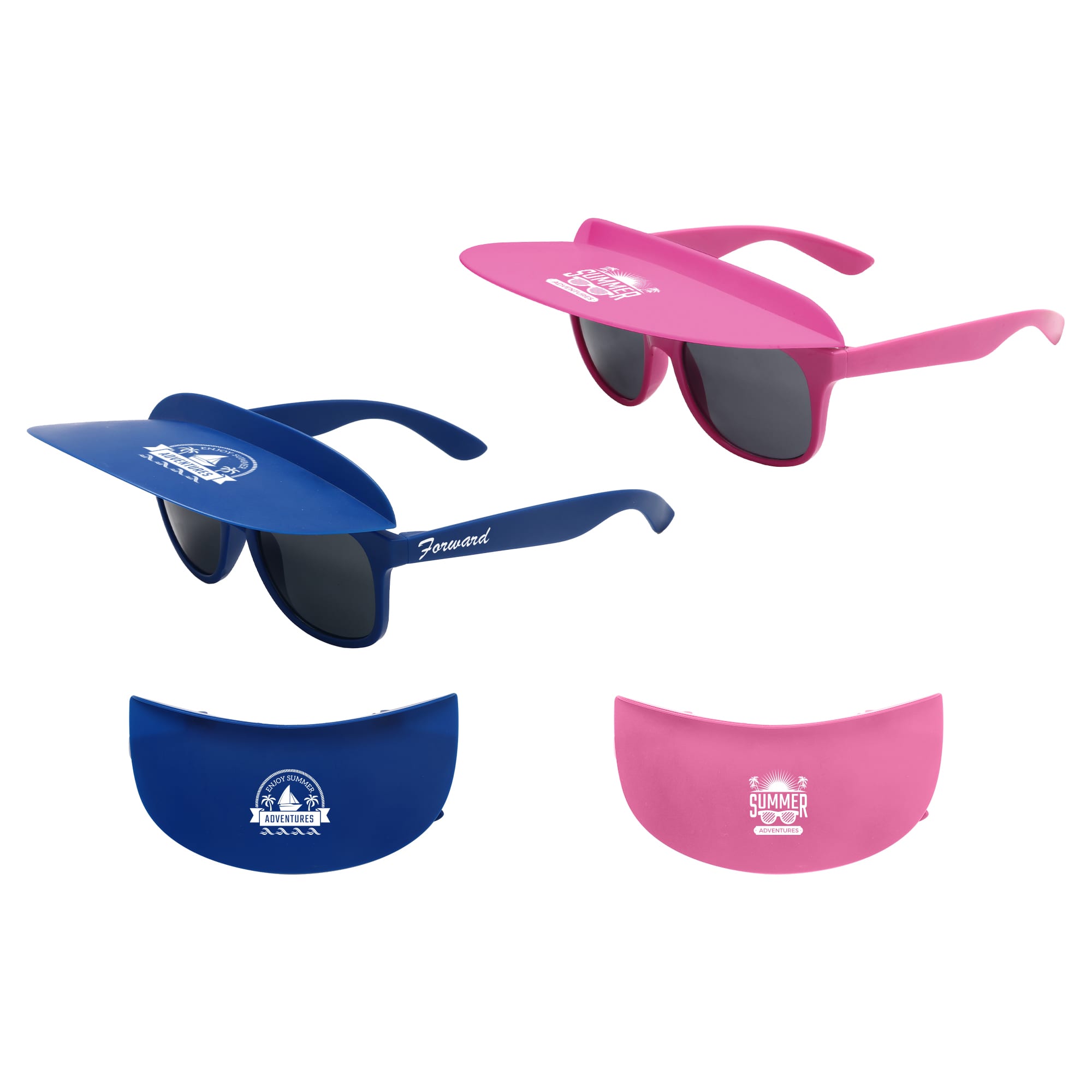 A pair of flip-up visor sunglasses in blue and pink, each featuring a logo. The glasses have dark lenses and wide brims. Flip Up Visor Sunglasses - Image 1