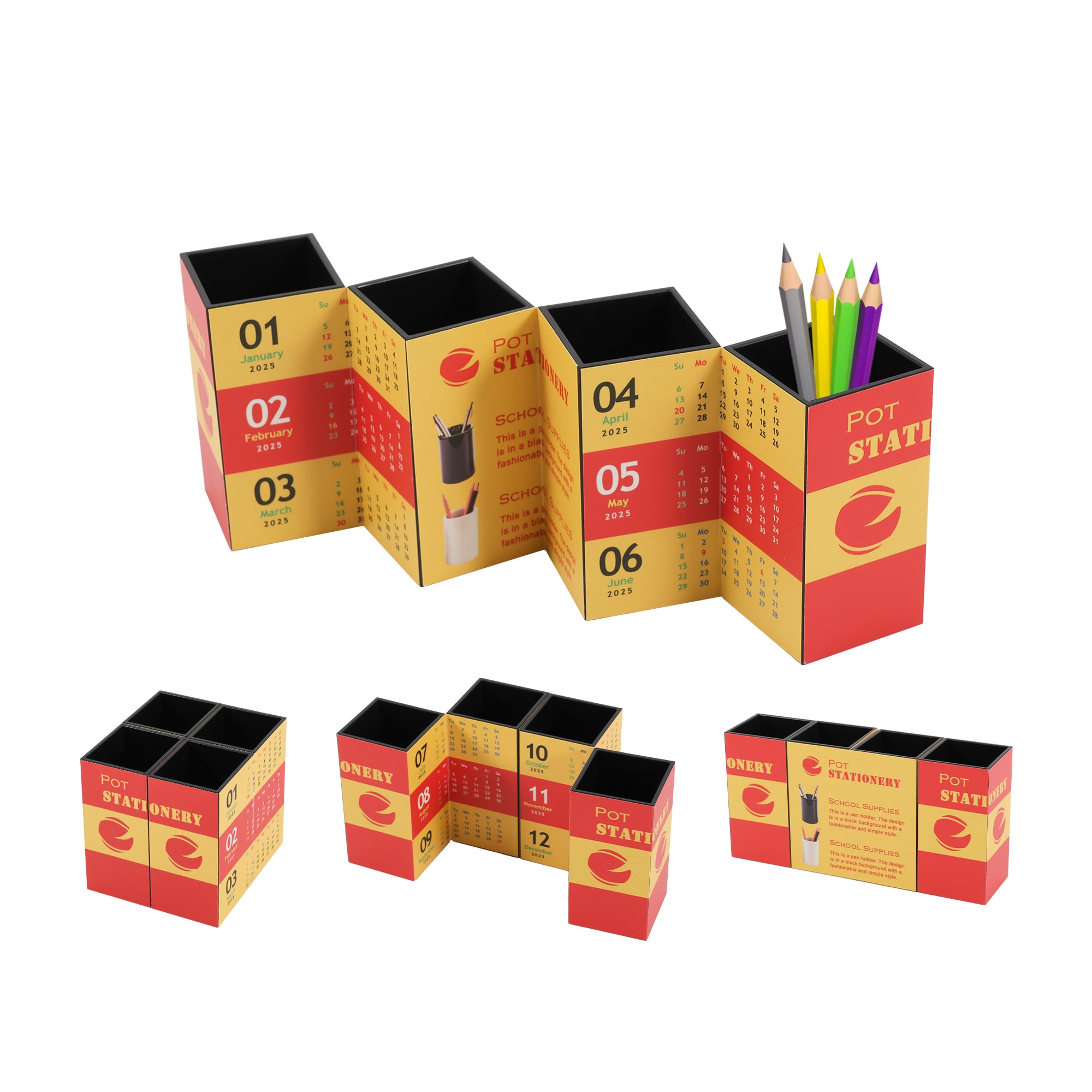 A four-panel foldable pen holder in red and yellow, designed for holding stationery items like pencils. It features a logo. Four-panel Foldable Pen Holder - Image 1