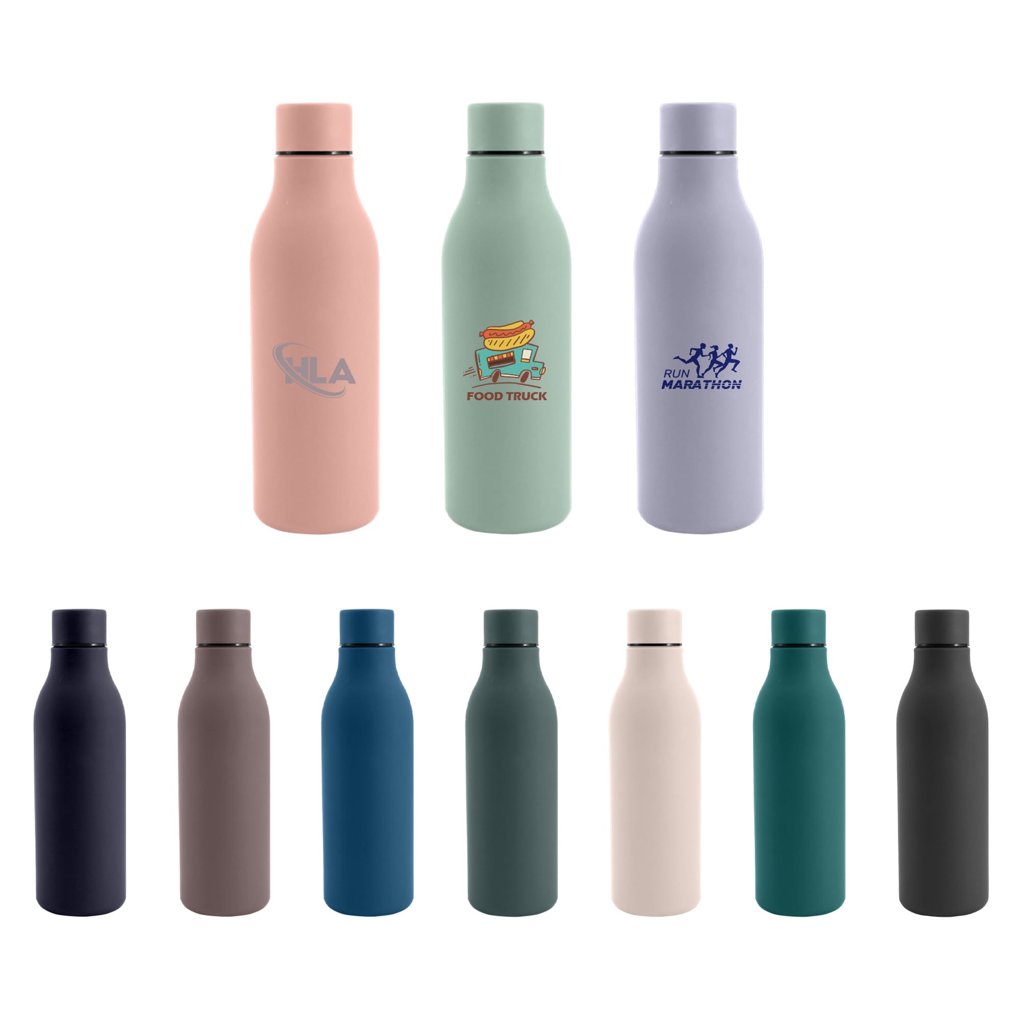 A drink bottle collection featuring various colours: pink, green, purple, beige, blue, brown, and black. Each has a logo. 550ML Thermal Rubber Coated Drink Bottle - Image 1