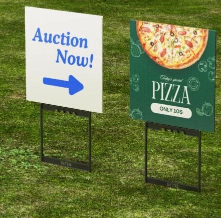 Two promotional signs on black wire stakes, one with an arrow and text reading "Auction Now!" and the other advertising pizza. Echo Wire Stakes - Image 1