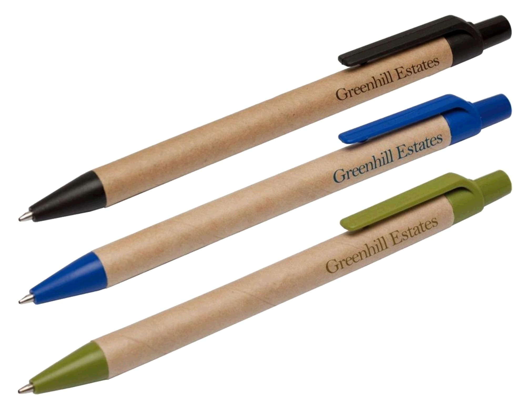 Three eco-friendly pens in black, blue, and green, with a natural paper finish and a logo on each. Eco Writer 2 - Image 1
