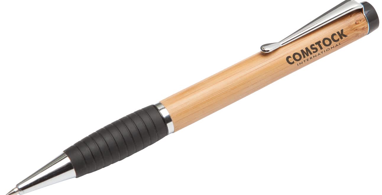 A bamboo pen with a black rubber grip and metallic accents. Features branding on the barrel. Bamboo Gripper Pen - Image 1