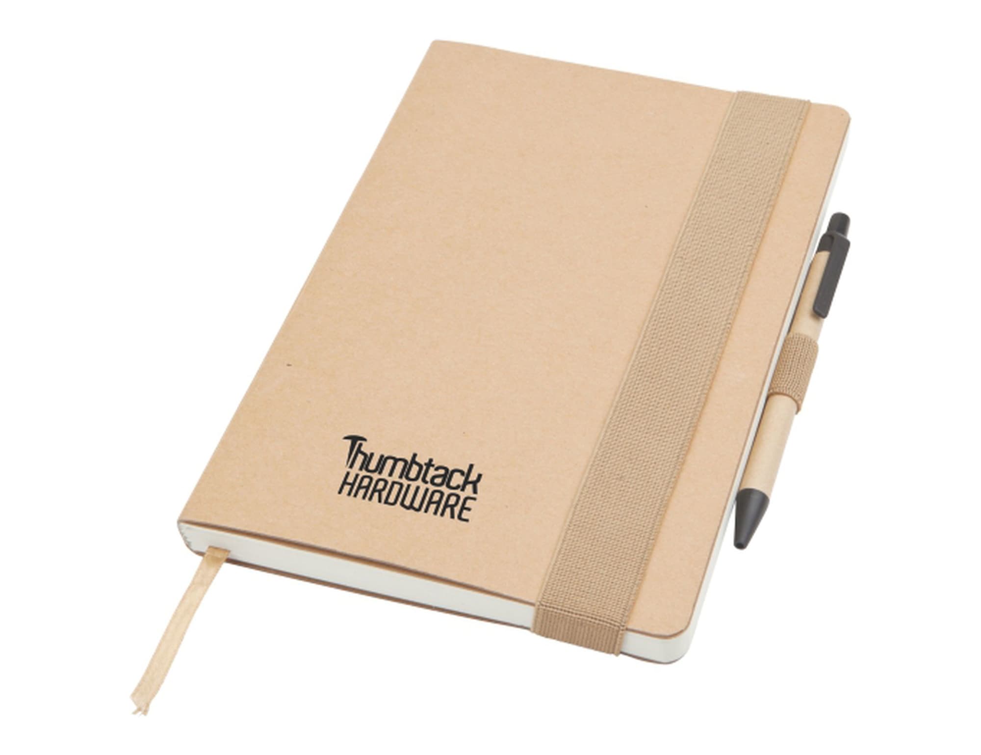 A large A5 notepad in natural tones with a pen attached and a logo on the cover. Enviro Notepad Large A5, Natural - Image 1