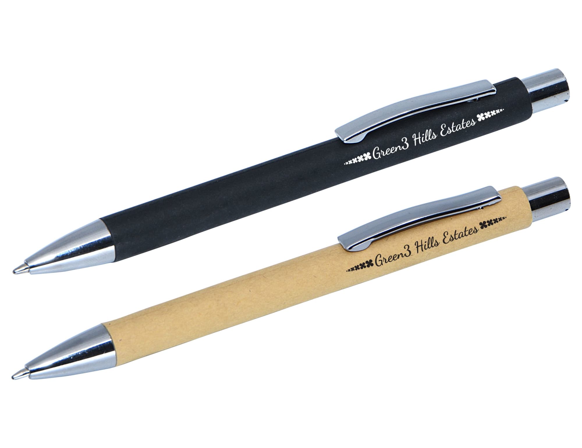 A set of two Terra Kraft Pens in black and kraft paper, featuring shiny silver accents and branding. Terra Kraft Pen - Image 1