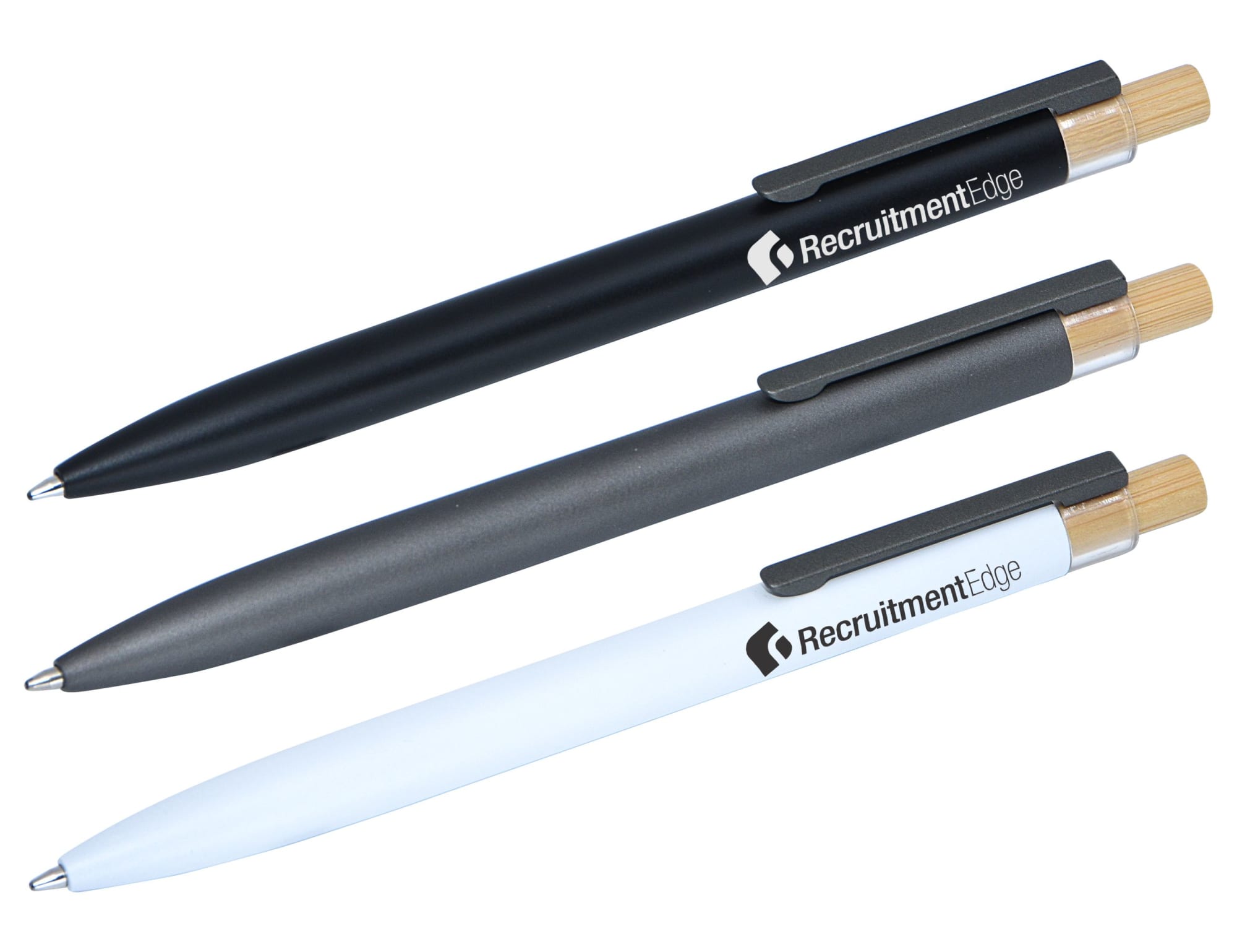 A set of three metal pens in black, grey, and white, each featuring a branding element. Roma Recycled Pen - Image 1