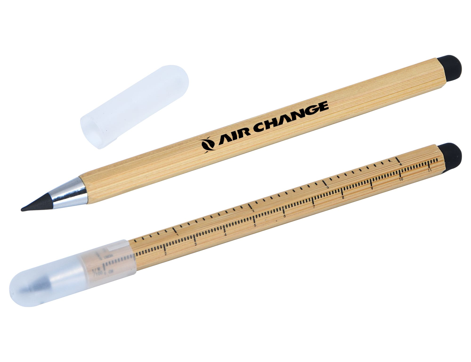 A bamboo stylus pen with a silver nib and black tips, featuring a translucent cap and a logo. Everlast Inkless Stylus Pen - Image 1