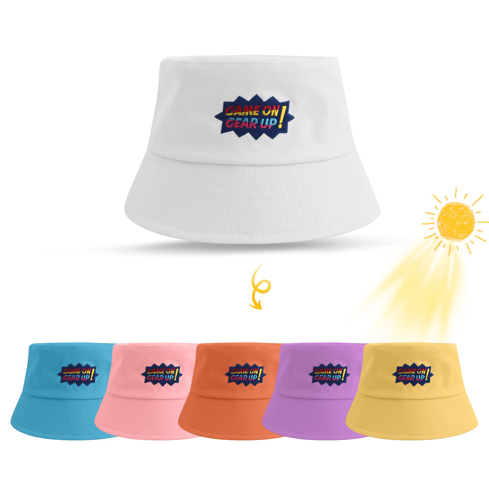 A colour-changing bucket hat in white with a logo, surrounded by pink, peach, purple, and blue variants. Colour Changing Bucket Hat - Image 1