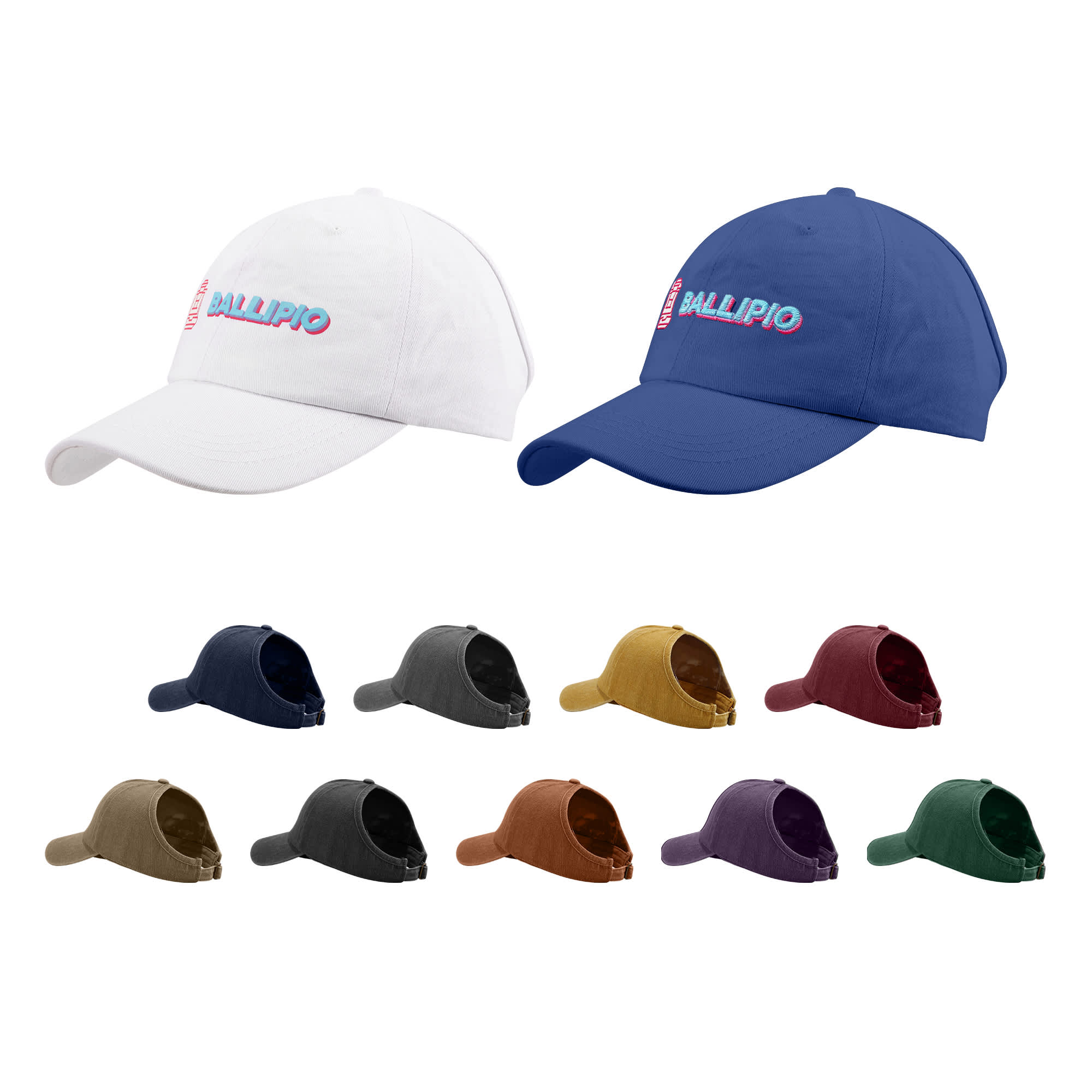 A collection of caps in various colours, including white, navy, dark grey, brown, and burgundy, featuring a logo. Ponytail Top Hats - Image 1