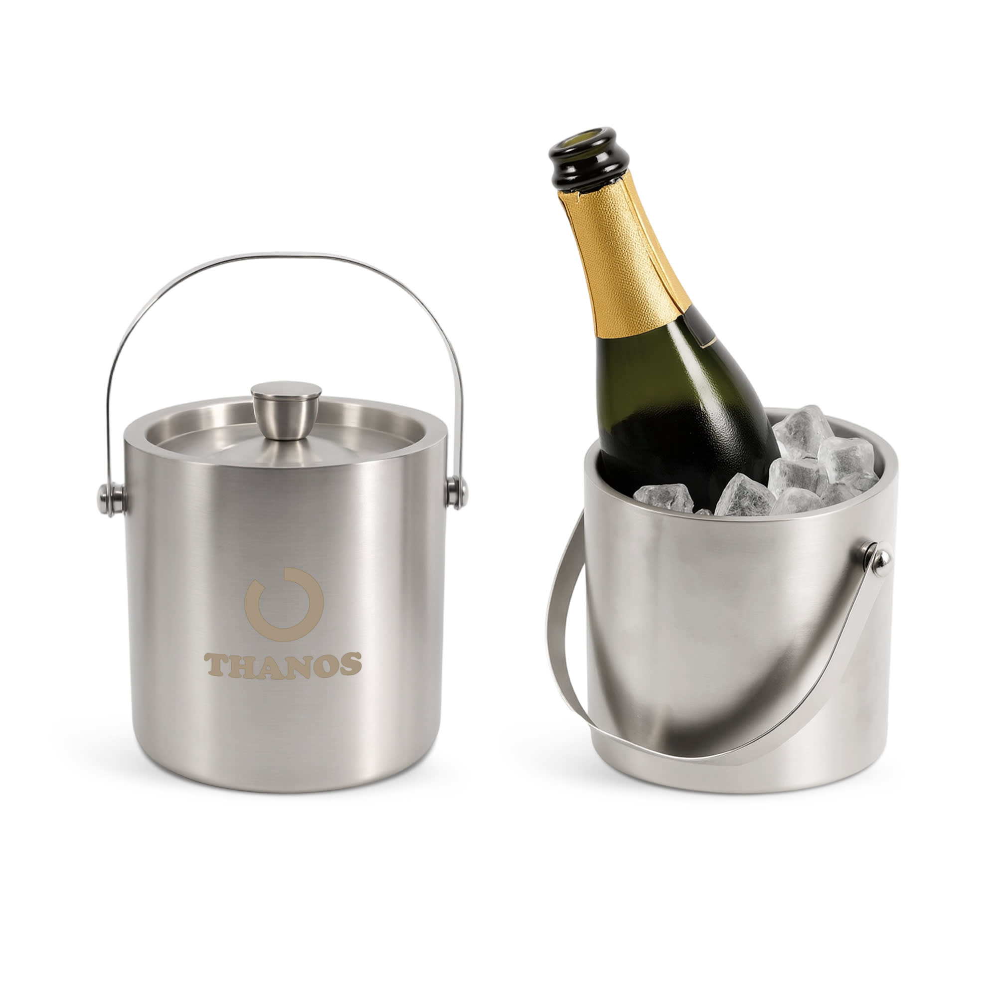 A stainless steel ice bucket with a bottle and ice inside. It features a handle and a logo on the front. Ice Bucket - Image 1