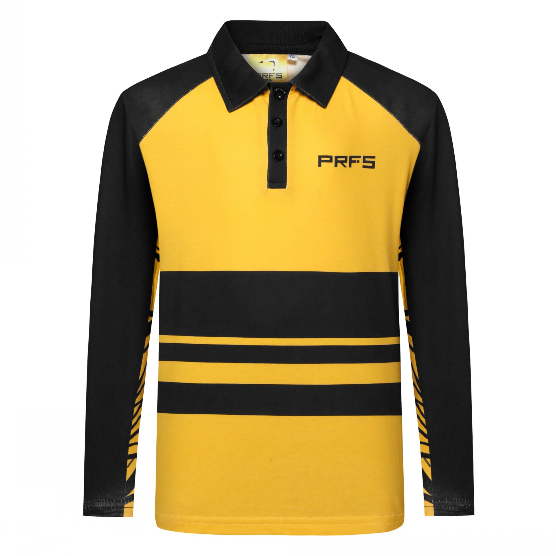 A long-sleeved polo shirt featuring black and yellow panels with stripes. The shirt has a collar and buttons, with a logo. A long-sleeved polo shirt featuring black and yellow panels with stripes. The shirt has a collar and buttons, with a logo.