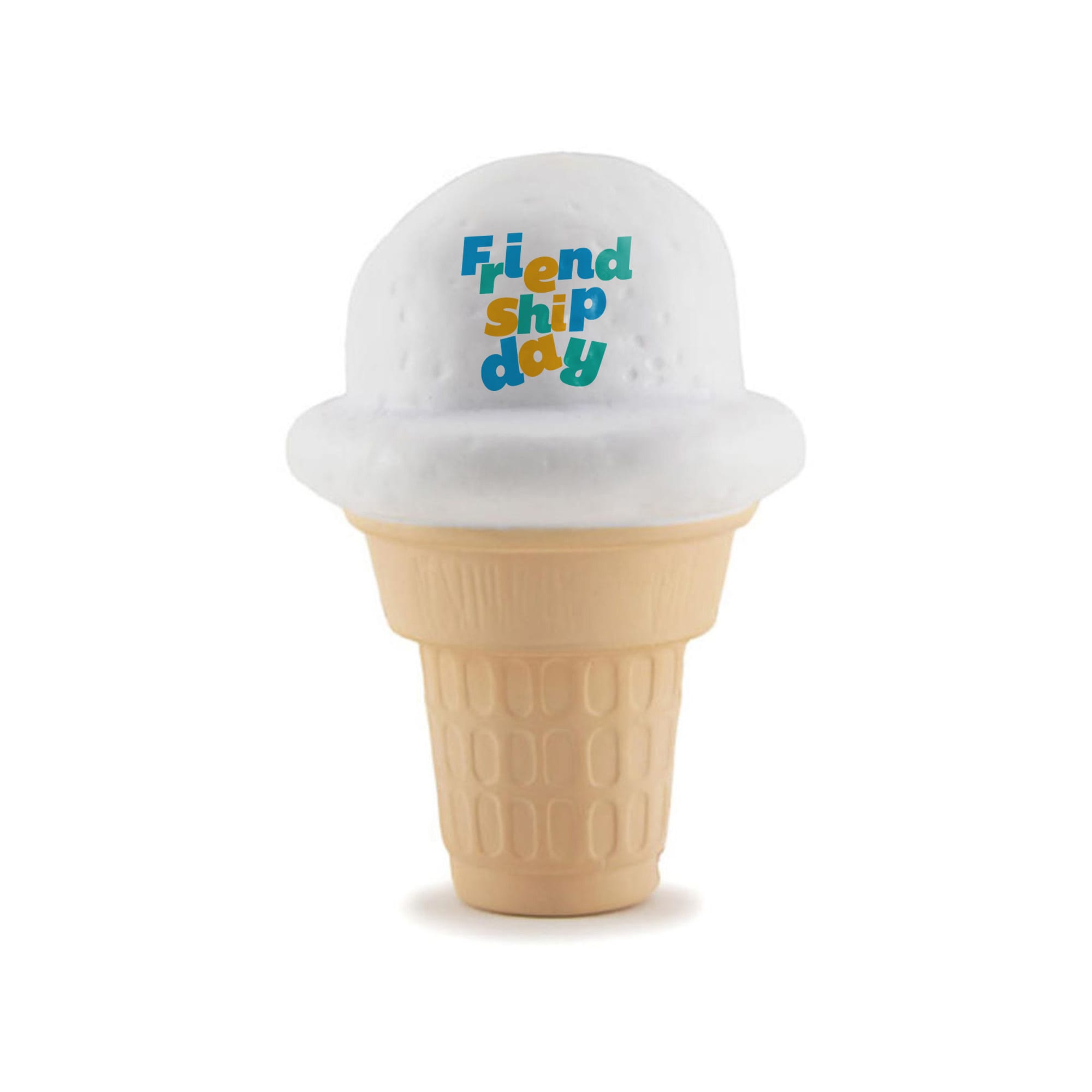 A white ice cream scoop sits atop a beige cone, featuring a logo with colourful text. Ice Cream Shape Stress Reliever - Image 1