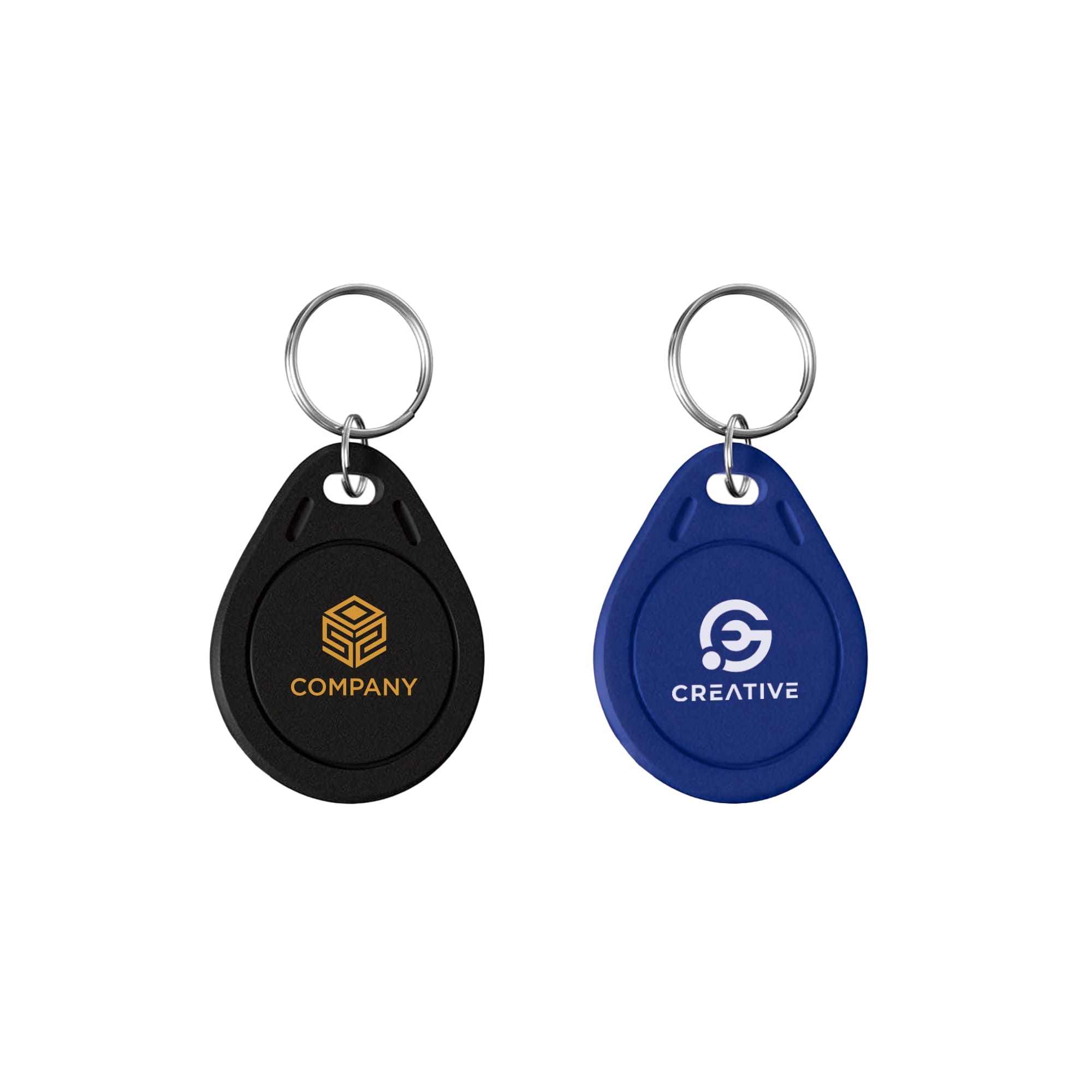 NFC keytags in black and blue, each with a keyring and featuring a logo on one side. NFC Keytags with Keyring - Image 1