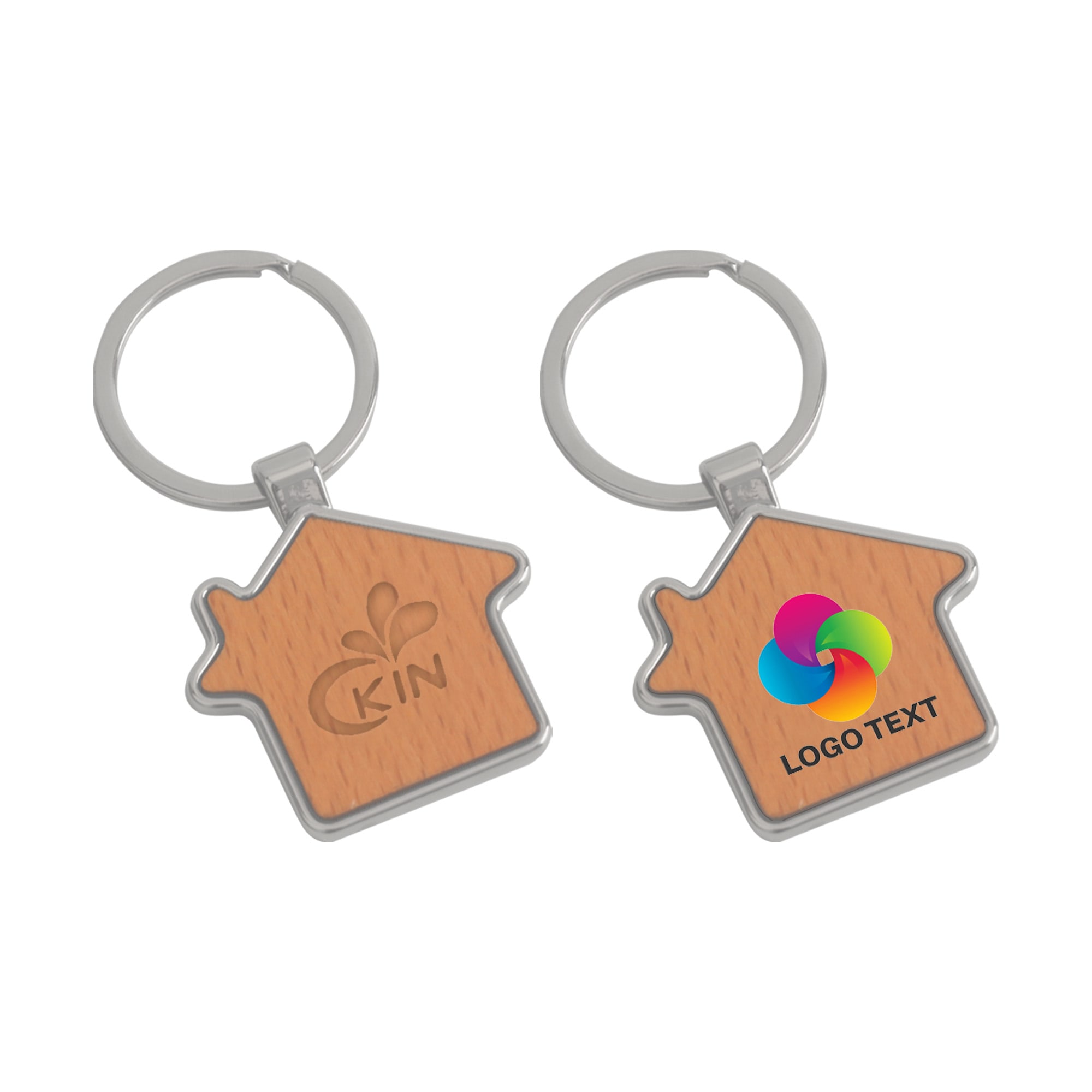 A wooden house-shaped keyring with a silver keyring attachment, featuring a logo and a smooth wood finish. House Wooden Keyring - Image 1
