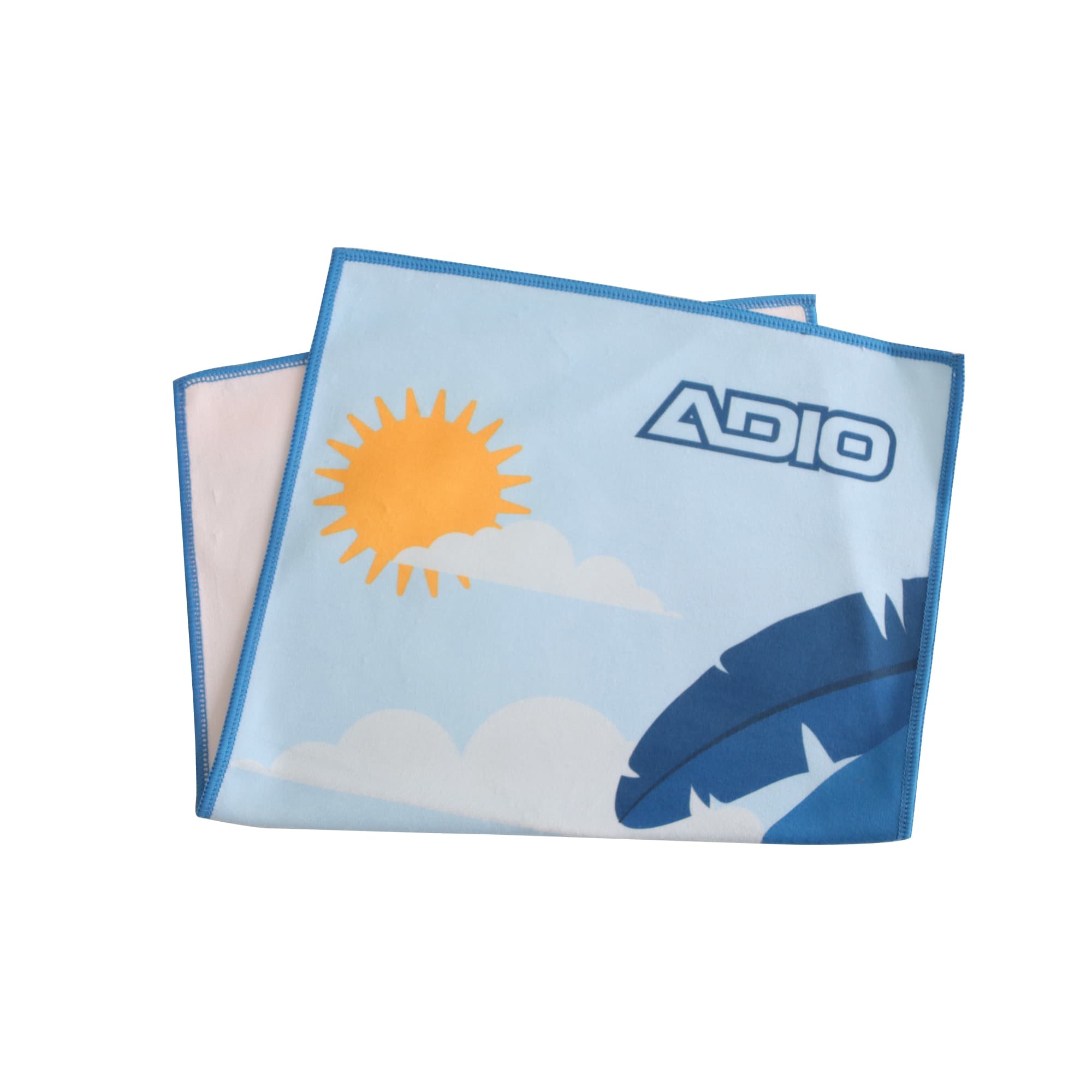 A microfibre beach towel featuring a sky blue design with a sun and stylised leaves, branded with a logo. Microfibre Colour Beach Towel (30x50cm) - Image 1