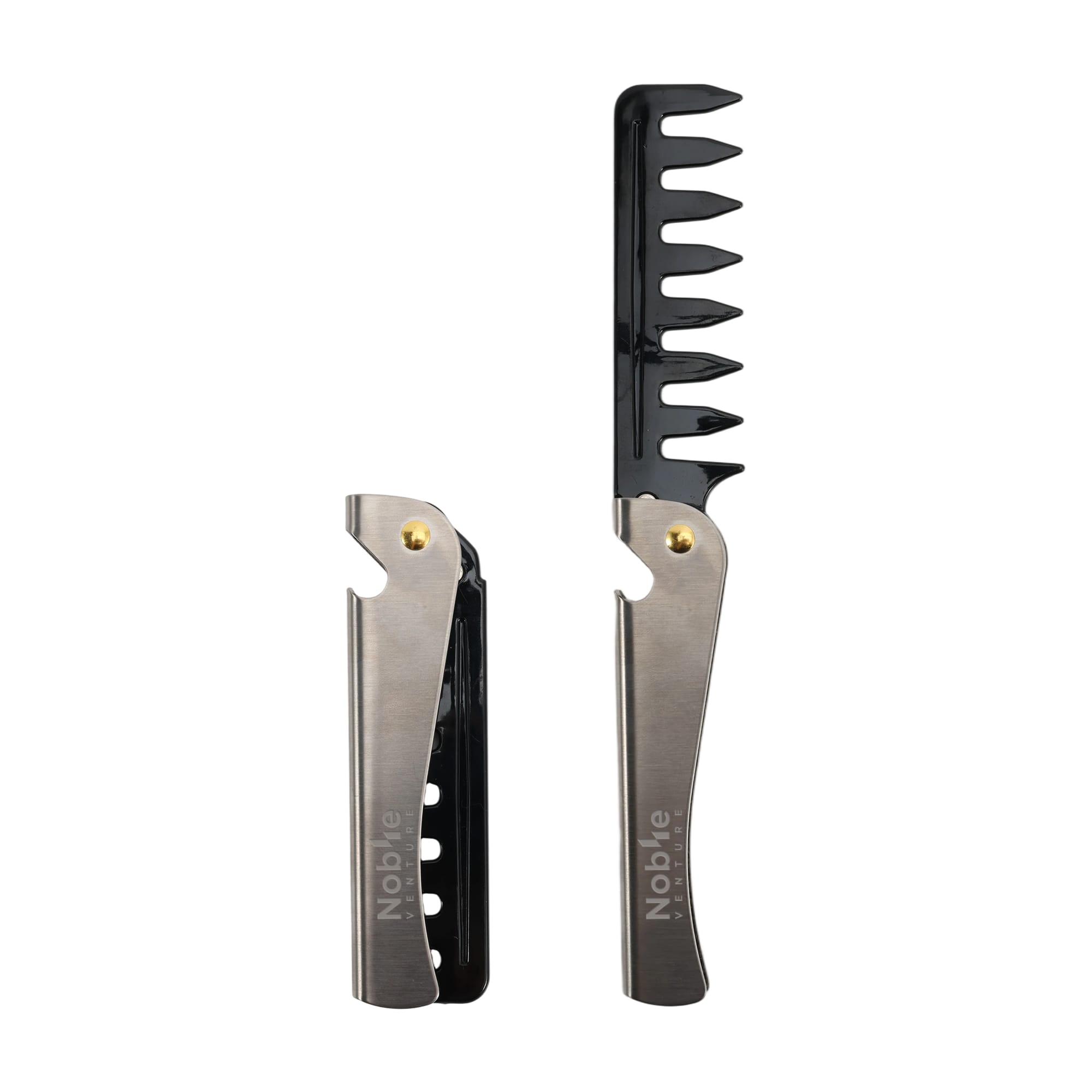 A folding comb with a black comb section and a silver metal handle, featuring a logo on the handle. Folding Comb - Image 1