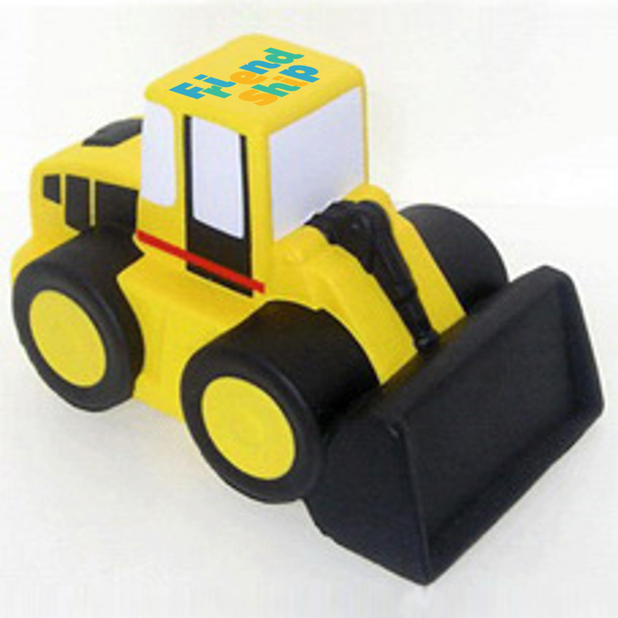A yellow cartoon bulldozer-shaped stress reliever with a black scoop and a logo on the front. Cartoon Bulldozer Shape Stress Reliever - Image 1