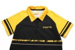 A black and yellow polo shirt featuring short sleeves, a collar, and a logo on the front.
