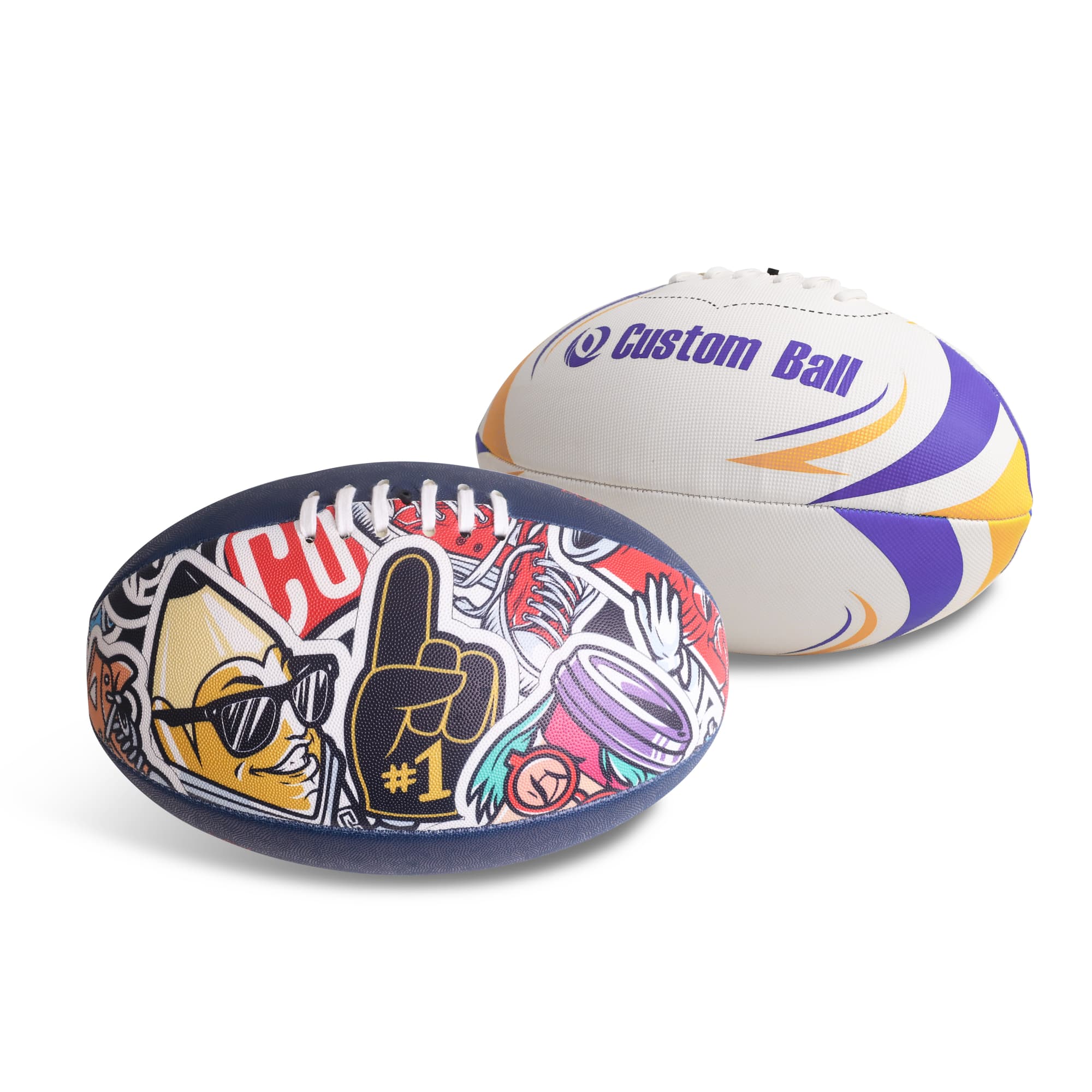 Two Australian Rules footballs, one featuring a vibrant graphic design with multiple colours, and the other in white with purple and yellow accents. Aussie Rules Training Ball - Image 1