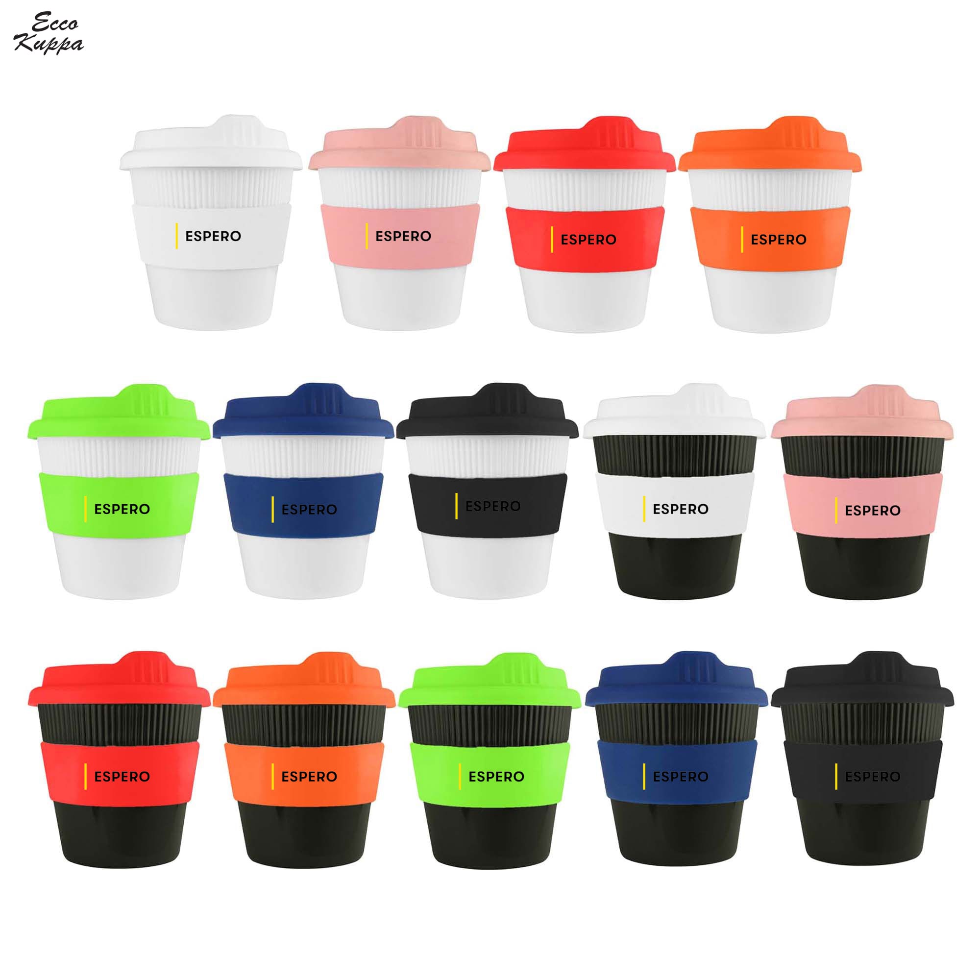 A collection of reusable coffee cups in various colours including white, pink, orange, green, blue, black, and red, featuring branding. Ecco Kuppa 8oz - Image 1