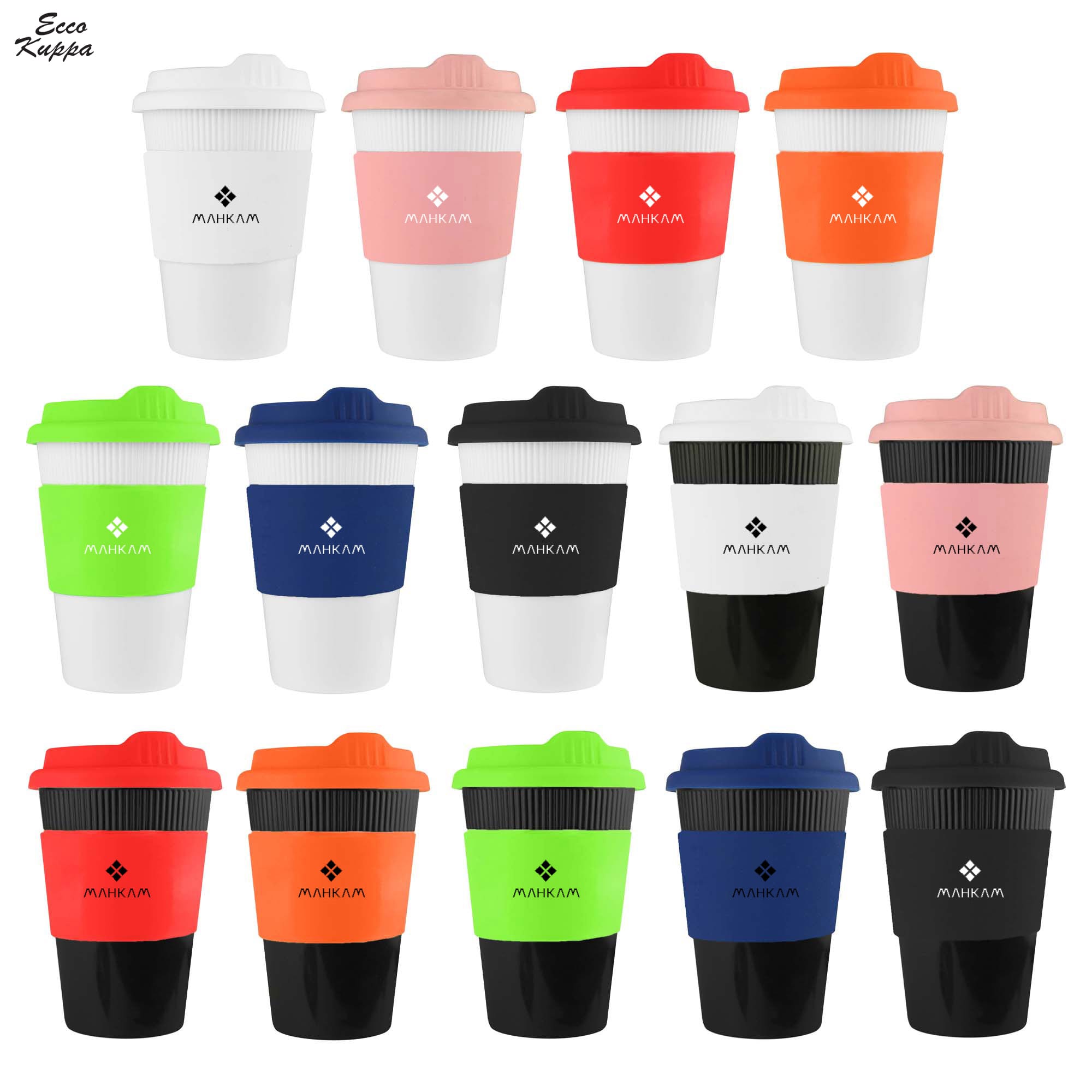 A collection of reusable coffee cups in various colours, featuring different lid styles and a logo on each cup. Ecco Kuppa 12oz - Image 1