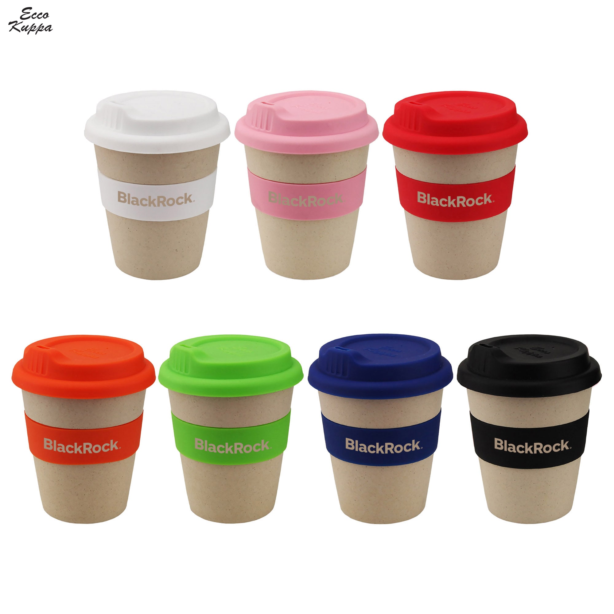 A range of reusable coffee cups in various colours, featuring a logo and silicone lids in contrasting shades. Bamboo Ecco Kuppa 8oz - Image 1