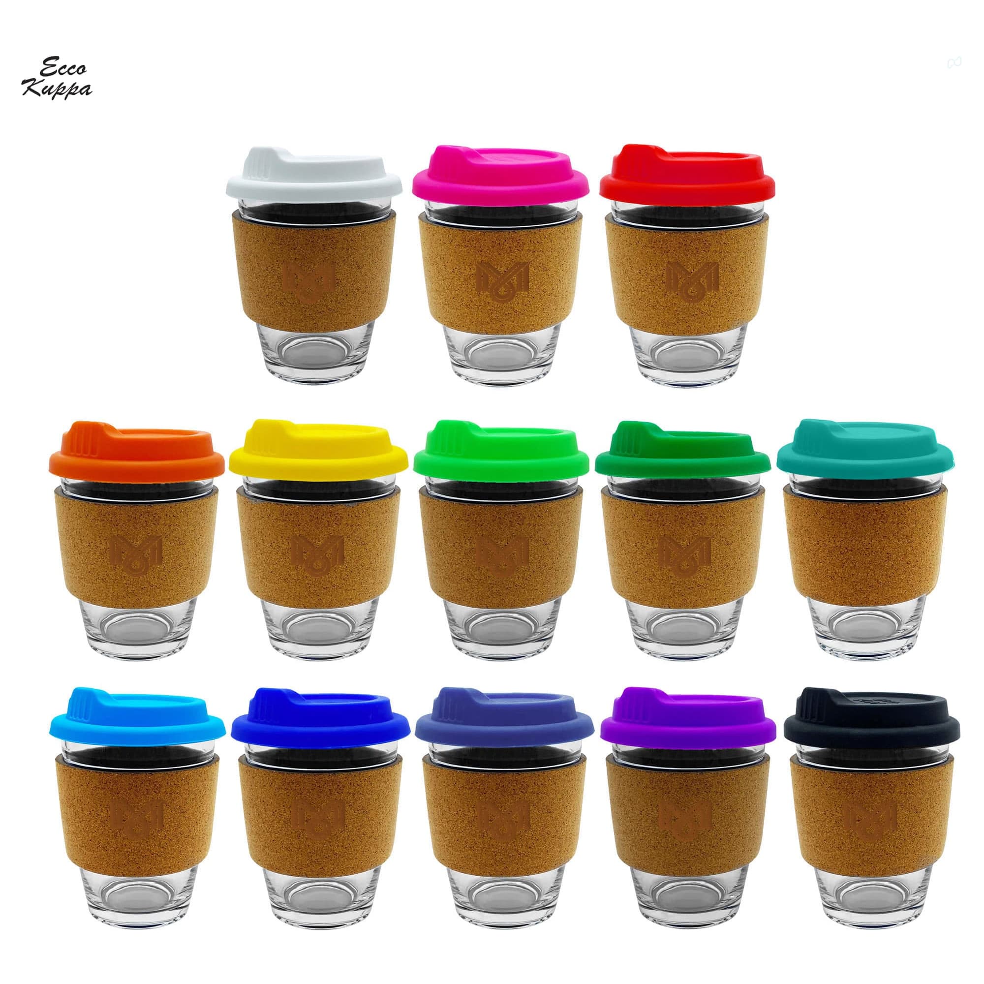 A set of reusable glass coffee cups with cork bases and various coloured silicone lids, arranged in a grid. Carlo Glass Coffee Cup – Cork - Image 1