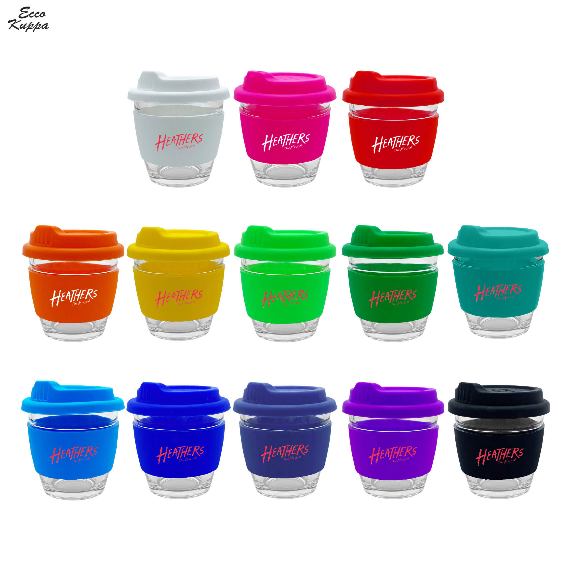A collection of reusable Venice Glass Coffee Cups in various colours, each featuring a lid and a branding logo. Venice Glass Coffee Cup - Image 1