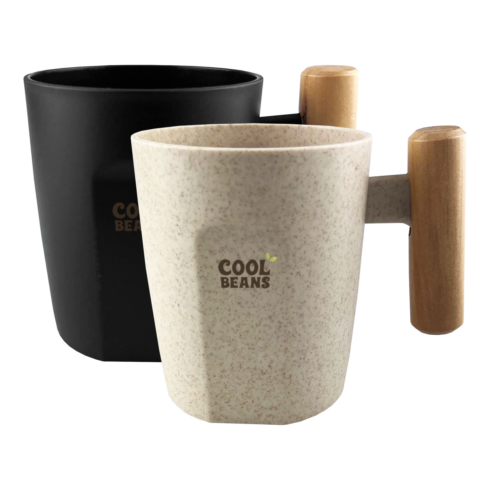 A reusable coffee cup in black and cream, featuring a wooden handle and a logo. Bogota Bamboo Coffee Cup - Image 1