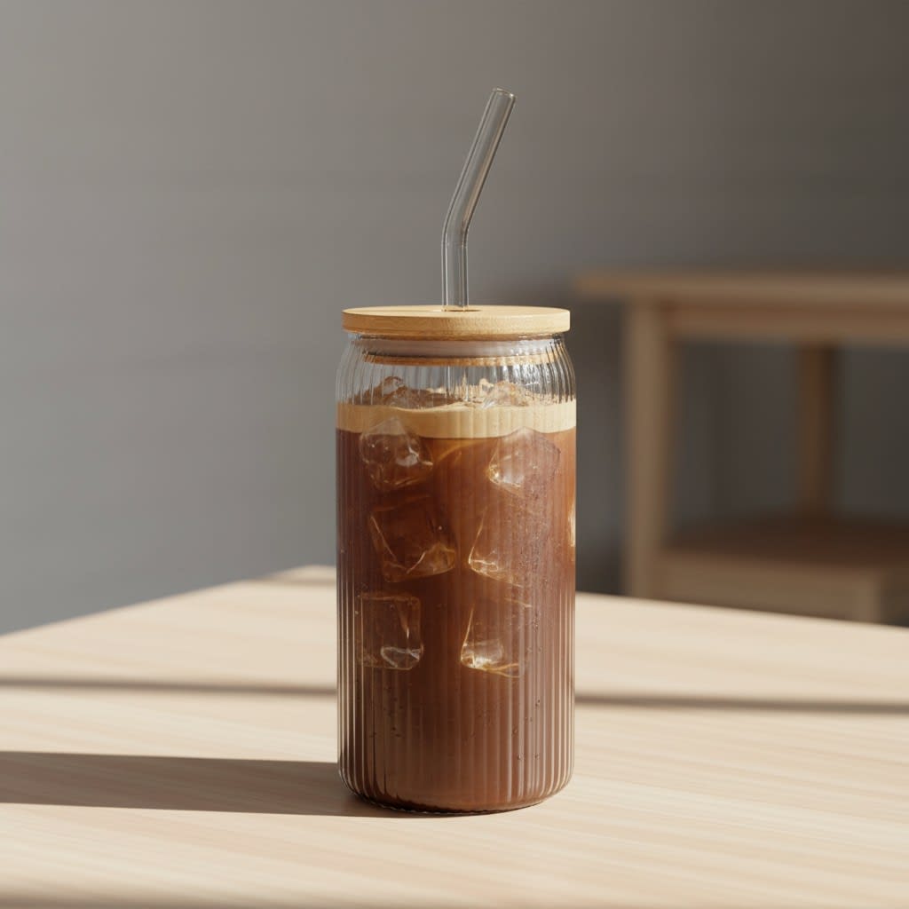 A glass tumbler with a bamboo lid and straw, featuring dark beverage and ice cubes, set on a wooden table. Olmos Glass Tumbler 550ml - Image 1