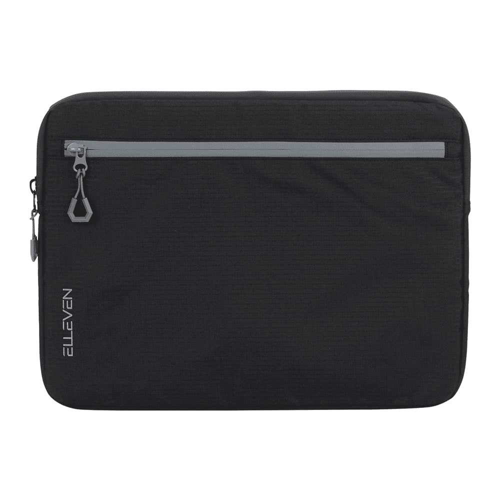 A black laptop sleeve with a grey zip and a logo, designed for 16-inch laptops. Elleven Recycled 16" Laptop Sleeve - Image 1