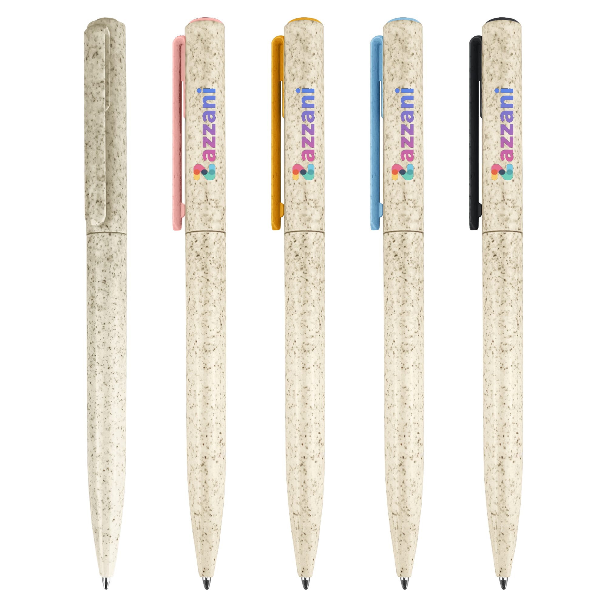 A collection of Zara Eco Pens in various colours: pink, orange, blue, and black, featuring a logo on each pen. Zara Eco Pen - Image 1