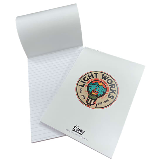 A white A5 notepad with lined pages, featuring a colourful logo on the cover and a wrap-over design. Easy Range A5 Wrap Over Notepads - Image 1