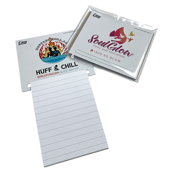 A magnetic shopping list notepad in white with line sections, accompanied by two branded card designs. Easy Range Magnetic Shopping List - Image 1