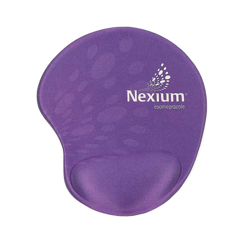 A purple gel mouse pad featuring a wrist support and a logo. Gel Mouse Pad Deluxe - Image 1