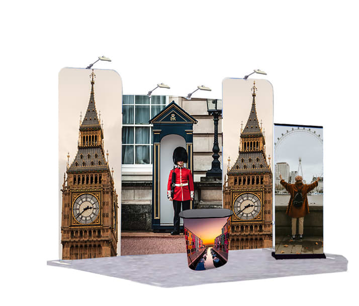 A tension fabric display featuring images of Big Ben, a guard, and a cityscape, with a round stand and light fixtures. Stretch Fabric Display / Tension Fabric Display Exhibition Booths Type B - Image 1