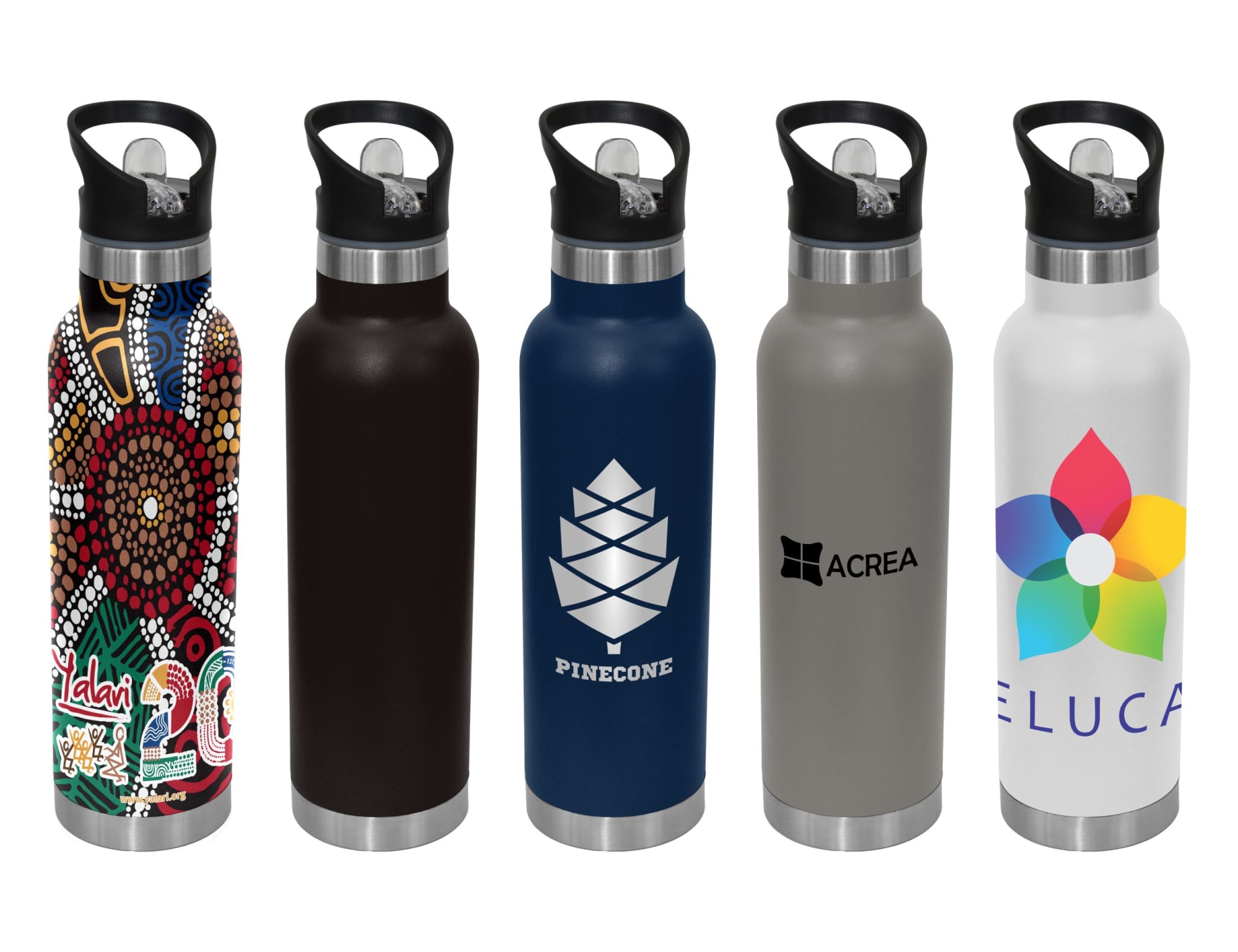 A drink bottle collection featuring various designs in black, navy, grey, and white, each with a spout and branding. Ventura 650ml Vacuum Sipper Spout Bottle - Image 1
