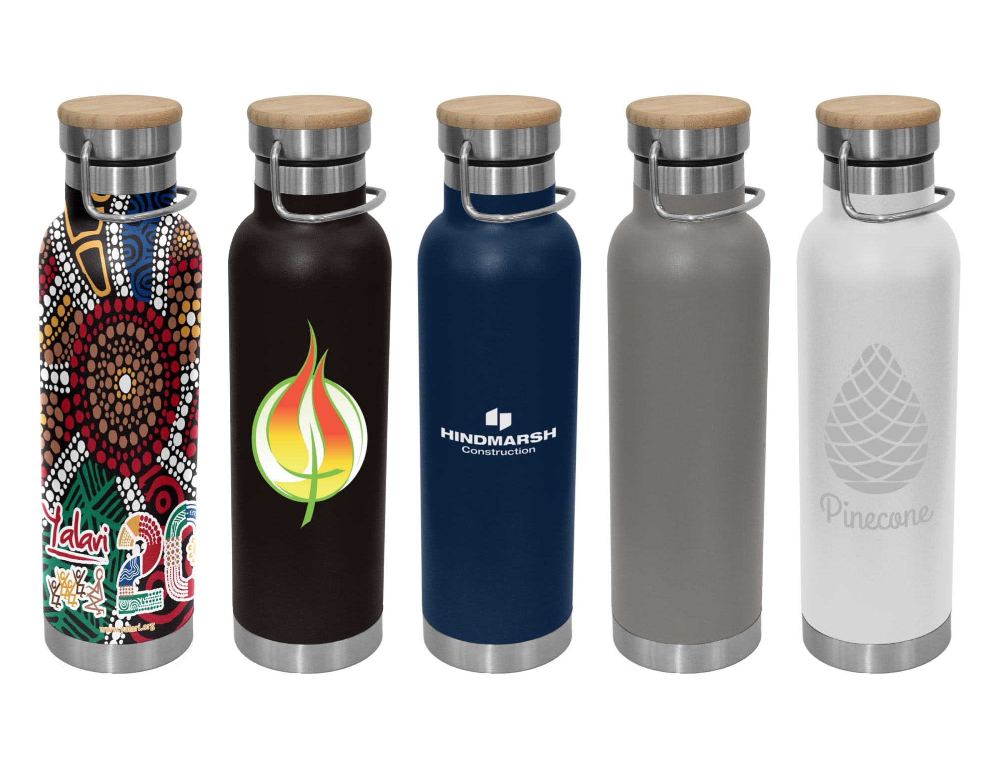 A drink bottle collection featuring five designs, including various colours and bamboo lids. Each has a metallic body and a logo. Valley 650ml Vacuum Bamboo Lid Bottle - Image 1