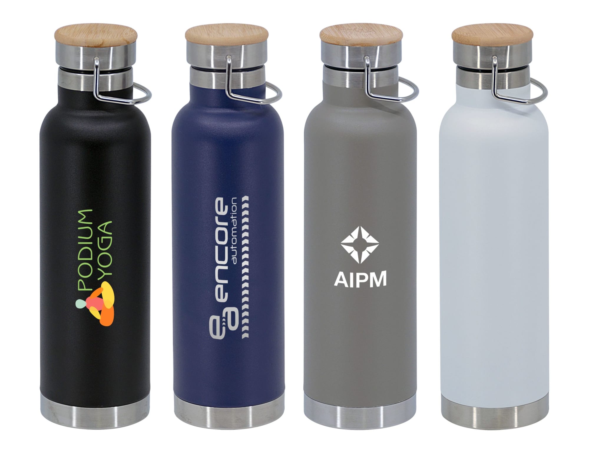 A drink bottle set featuring four vacuum flasks in black, navy, grey, and white, each with wooden lids and a logo. Valley 650ml Vacuum Flask - Image 1
