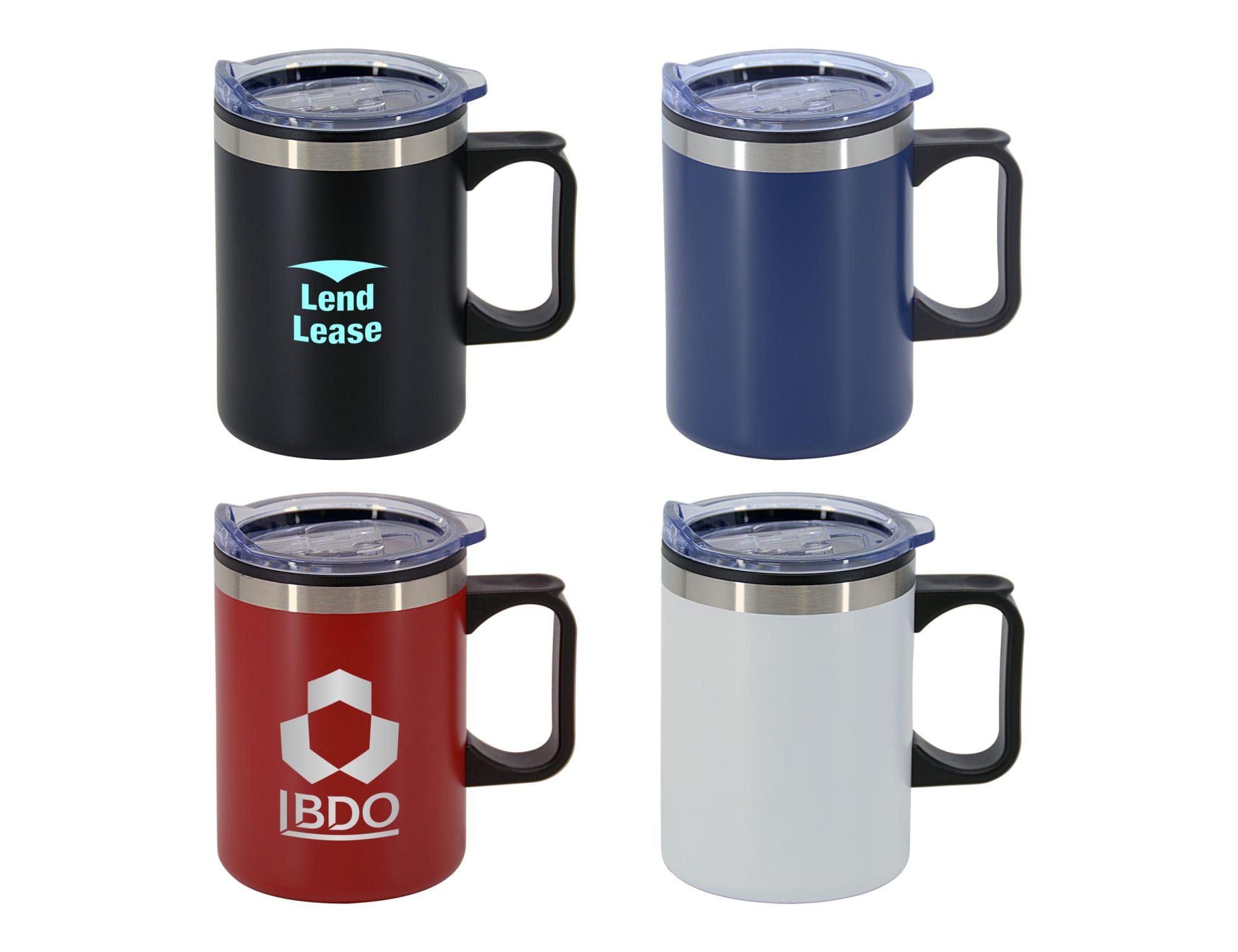 A double wall travel mug in black, navy, red, and white, each with a handle and a lid. Some feature logos. Lisbon Double Wall Mug - Image 1