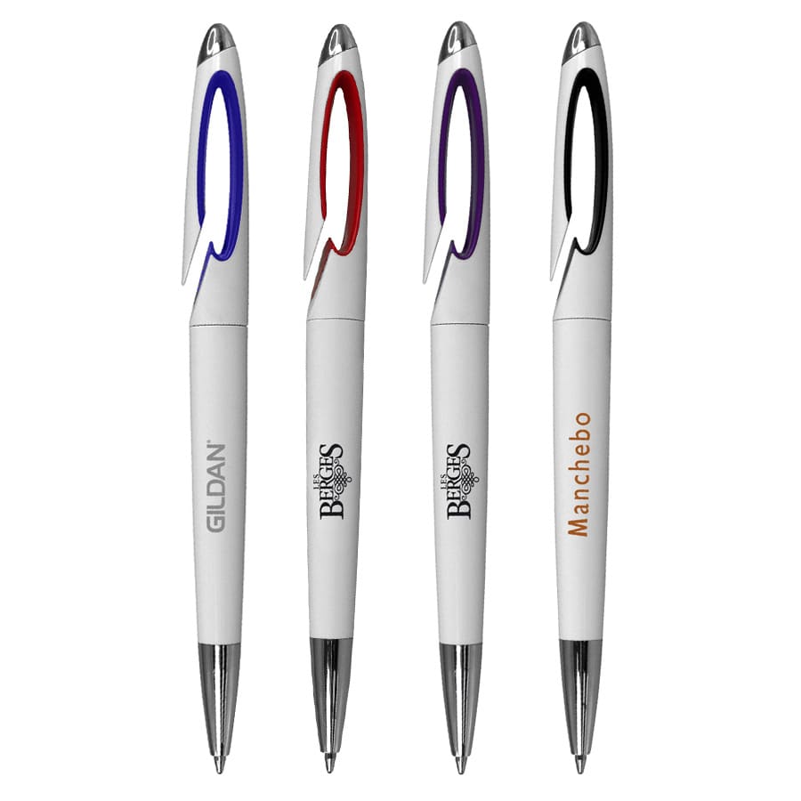 Four plastic pens in white with coloured accents in red, purple, and black. Each pen has a logo on it. Versa Pen - Image 1