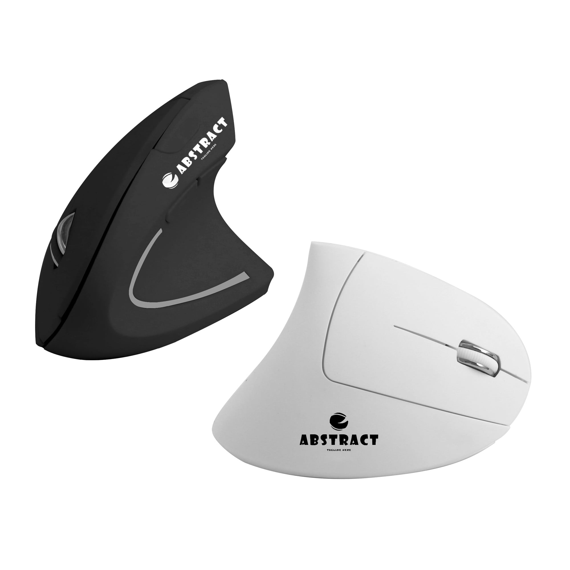 An ergonomic wireless mouse in black and white colours, featuring a sleek design and a logo. Ergonomic Wireless Mouse - Image 1